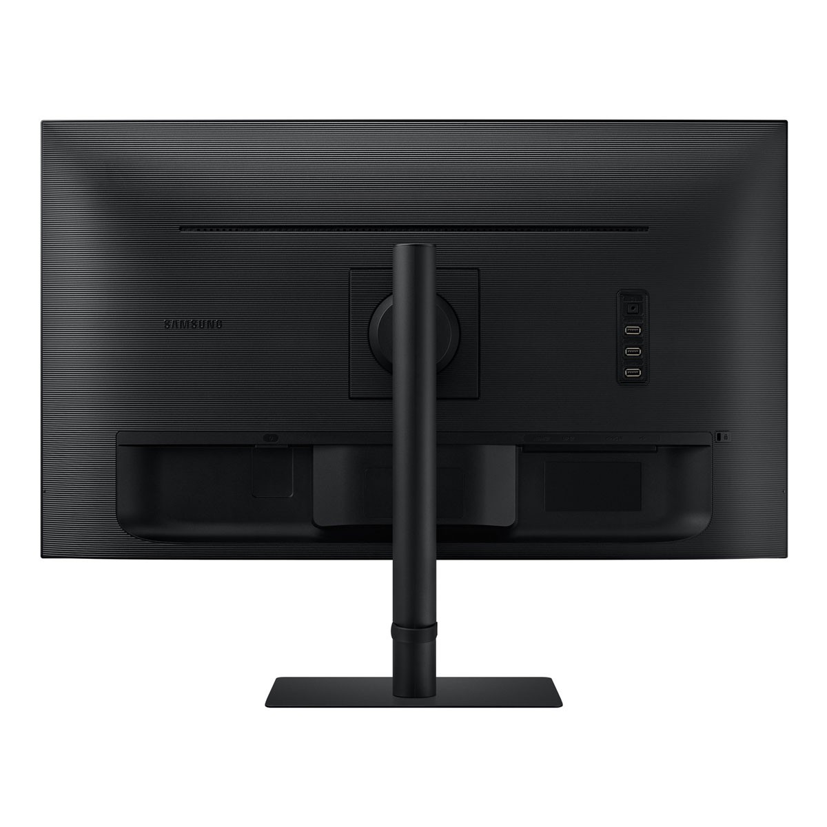 Parte trasera del monitor de computadora negro. Soporte adjunto. Logotipo de Samsung visible.