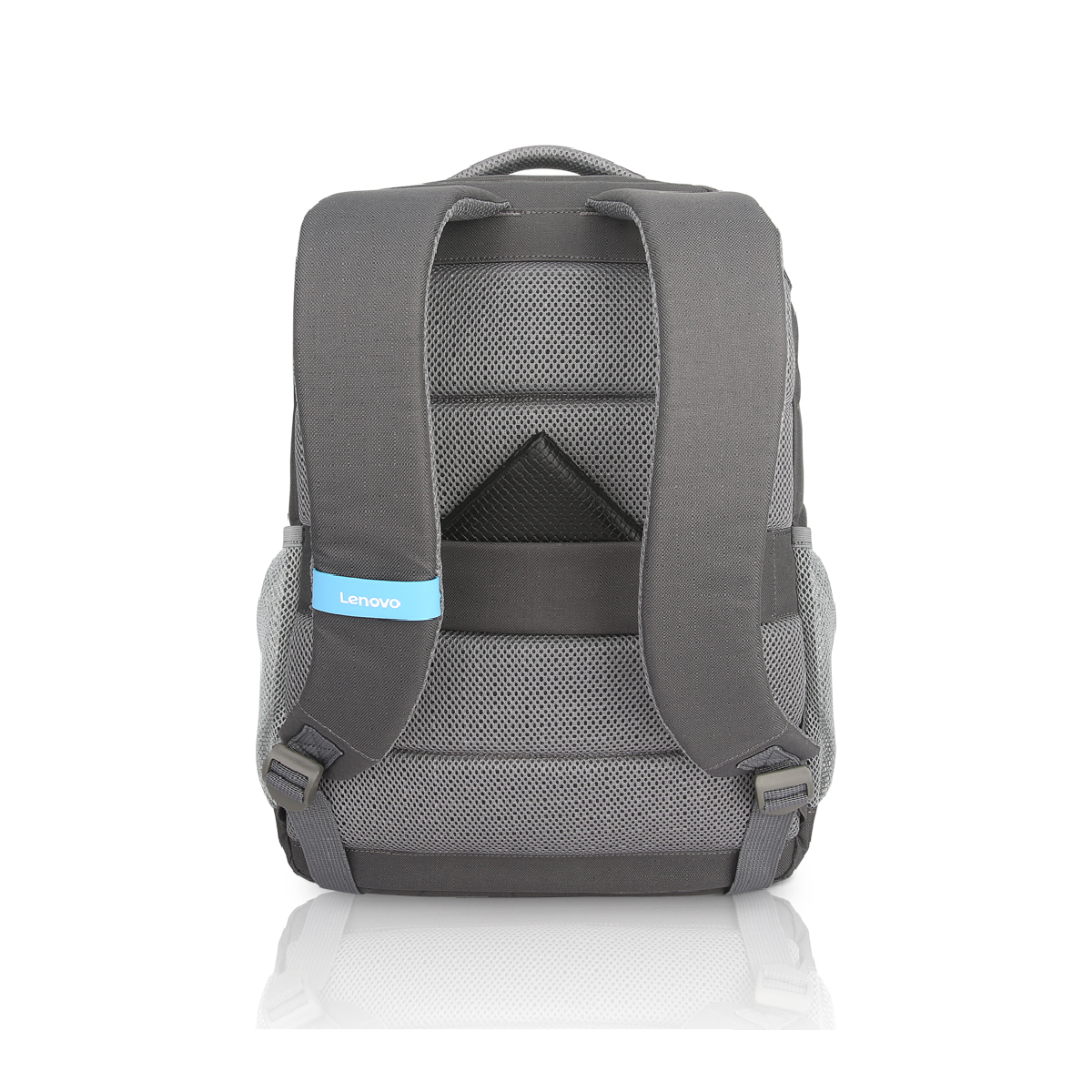 Zaino grigio con logo Lenovo, schienale e spallacci in rete, sfondo bianco.
