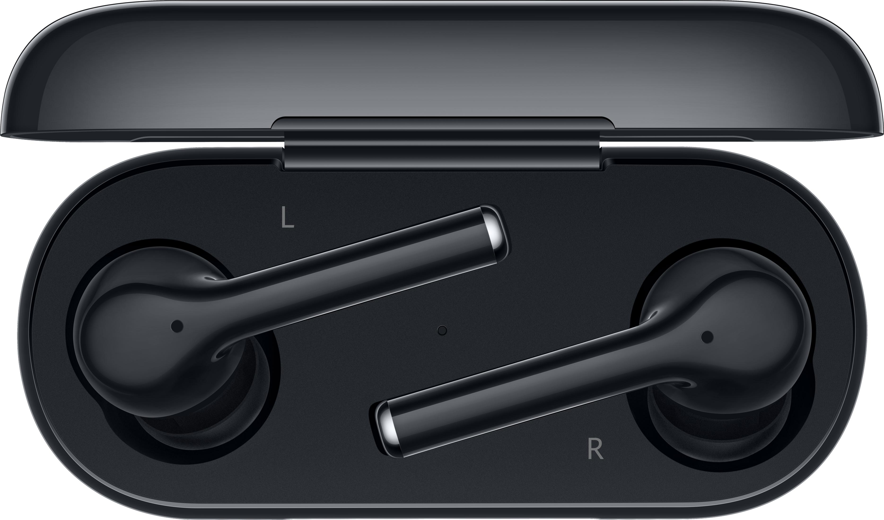 Auriculares inalámbricos negros en su estuche de carga abierto. 'L' y 'R' están marcados en cada auricular.