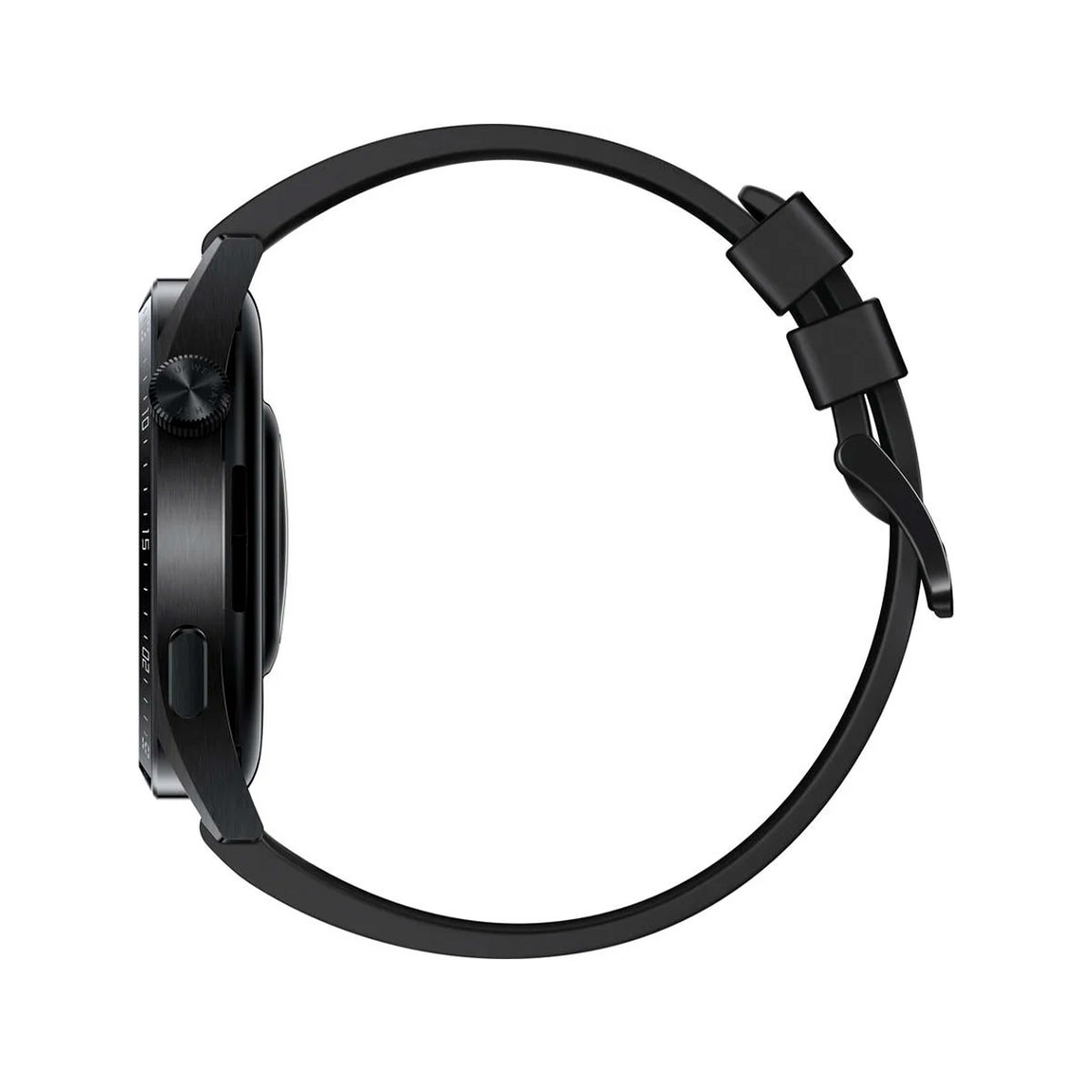 Schwarze Smartwatch mit schwarzem Armband. Die Seitenansicht zeigt das Zifferblatt mit Zahlen und Knopf.