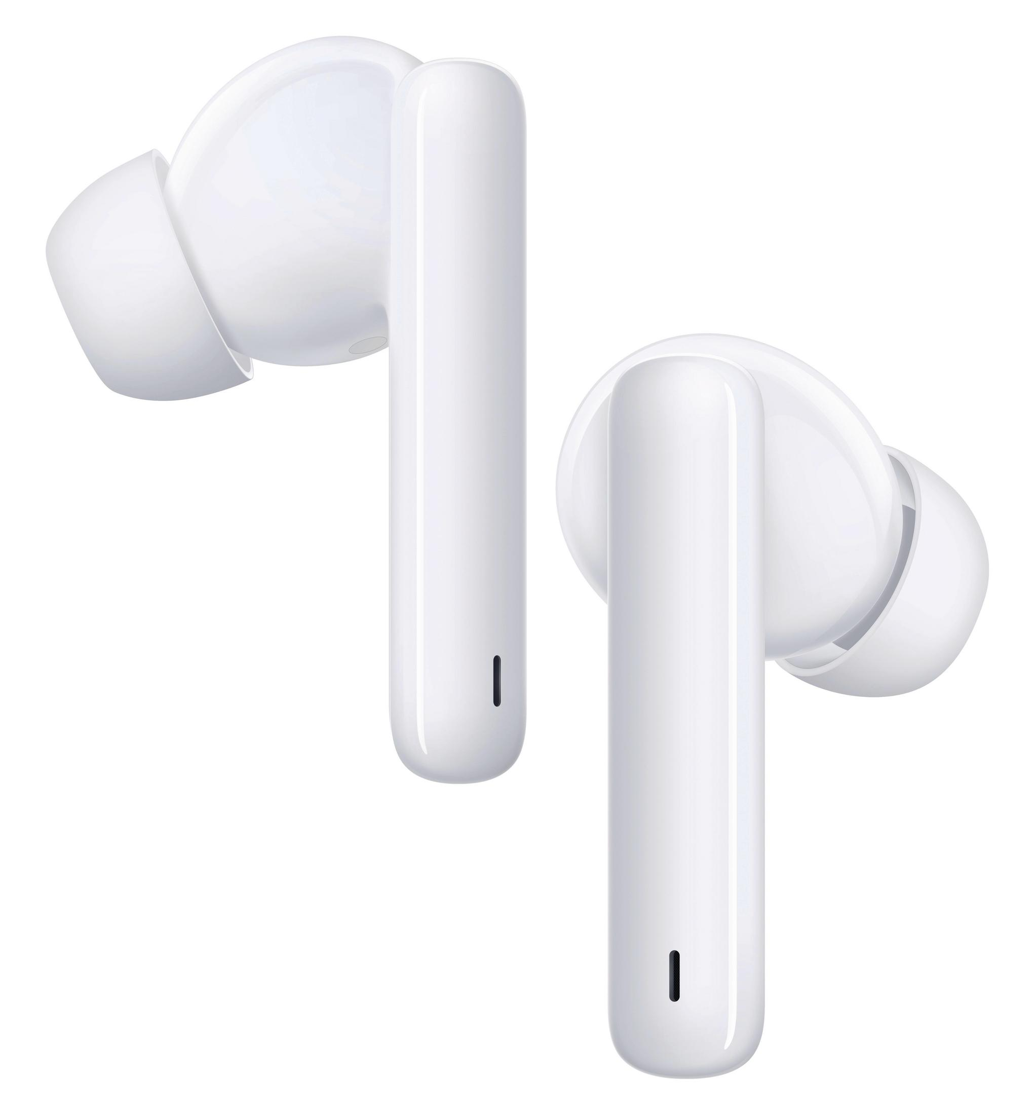 Białe bezprzewodowe słuchawki. Widok pod kątem. Białe tło.