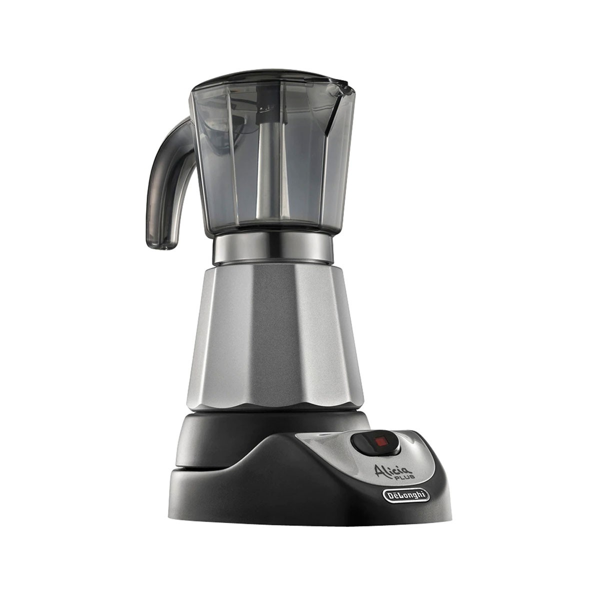 Srebrno-czarny ekspres do kawy. Widoczna nazwa modelu Alicia PLUS.