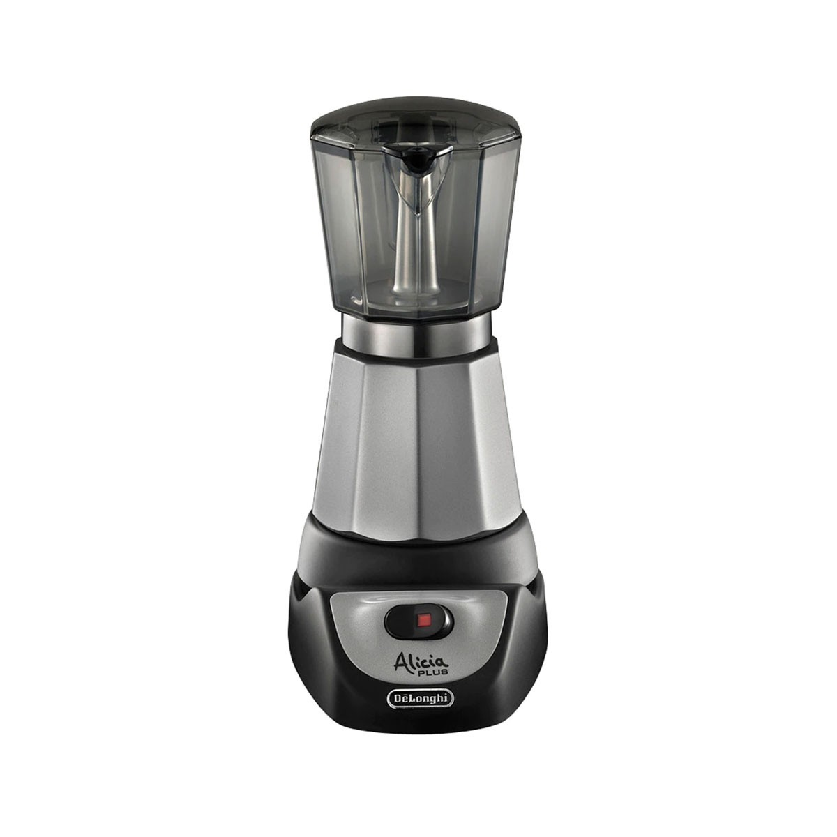 Srebrny i czarny ekspres do kawy z przezroczystą górą, na białym tle.