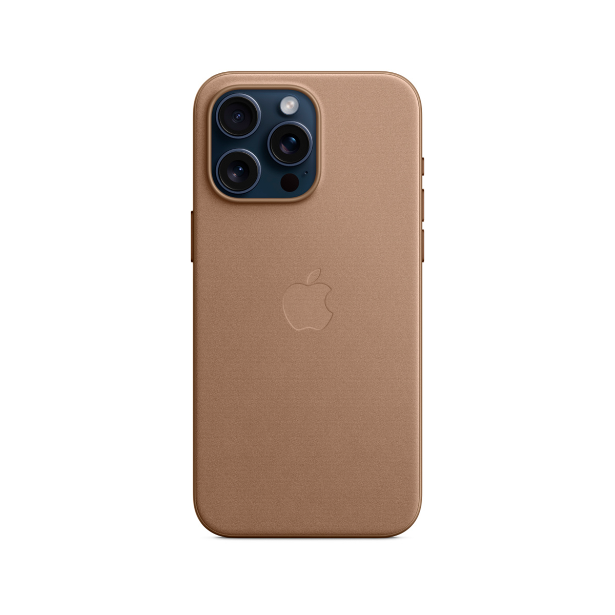 Een bruine telefoon met leren hoesje, Apple logo en meerdere camera's.