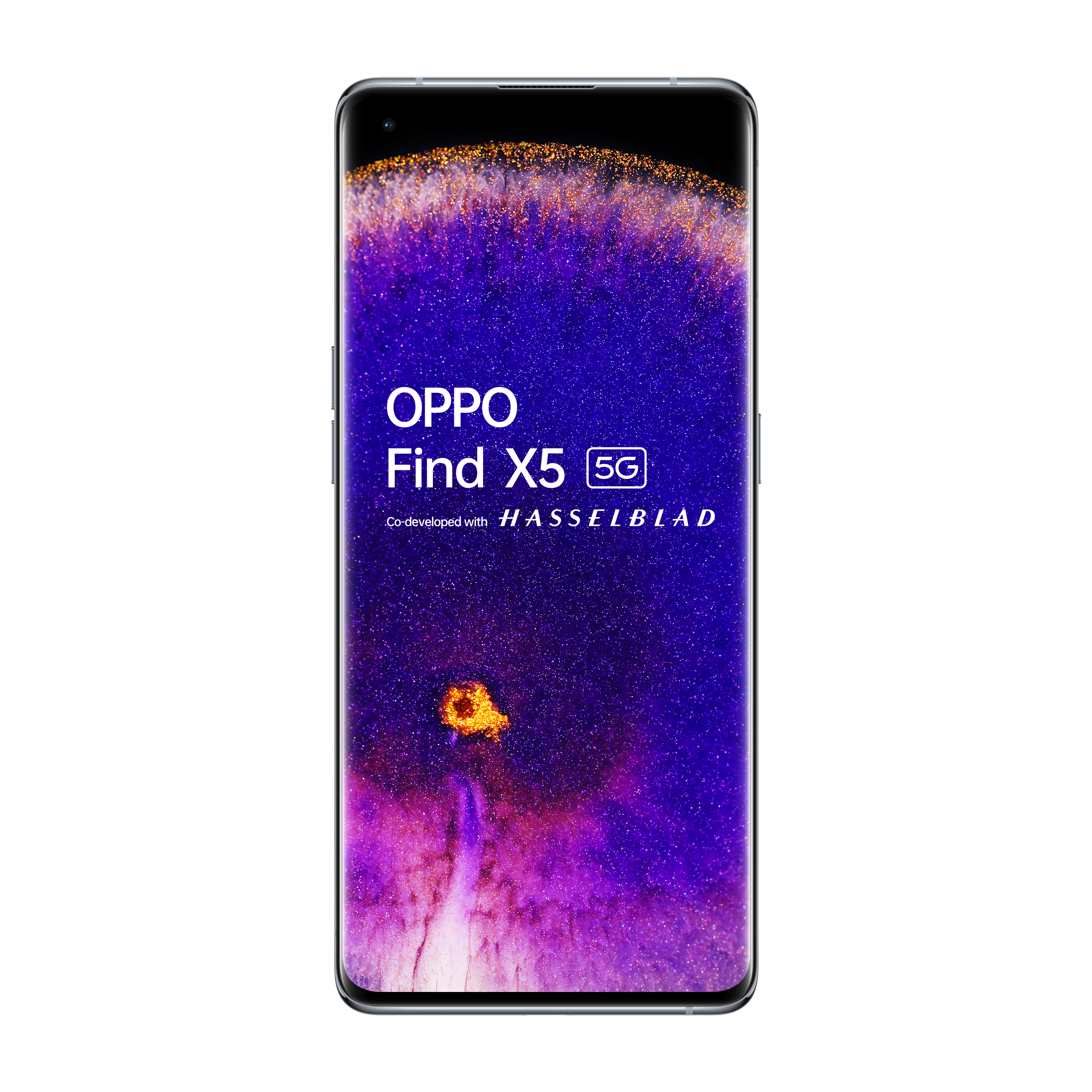 Een OPPO Find X5 5G telefoon met een paars scherm.