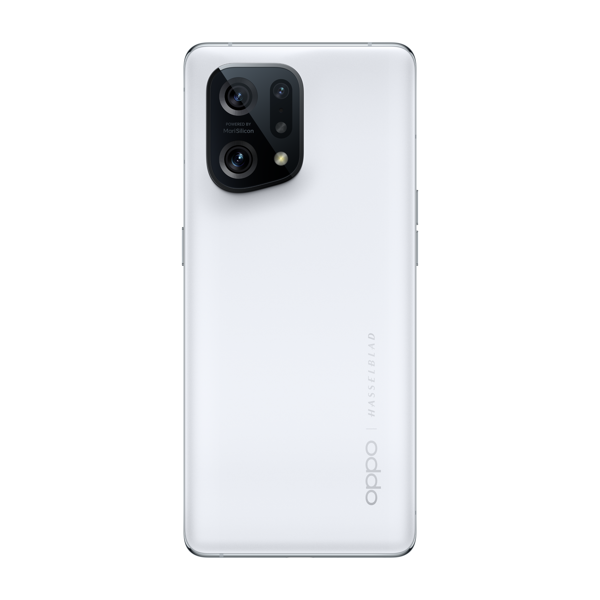 Witte Oppo telefoon met Hasselblad branding. Meerdere camera's aan de achterkant.