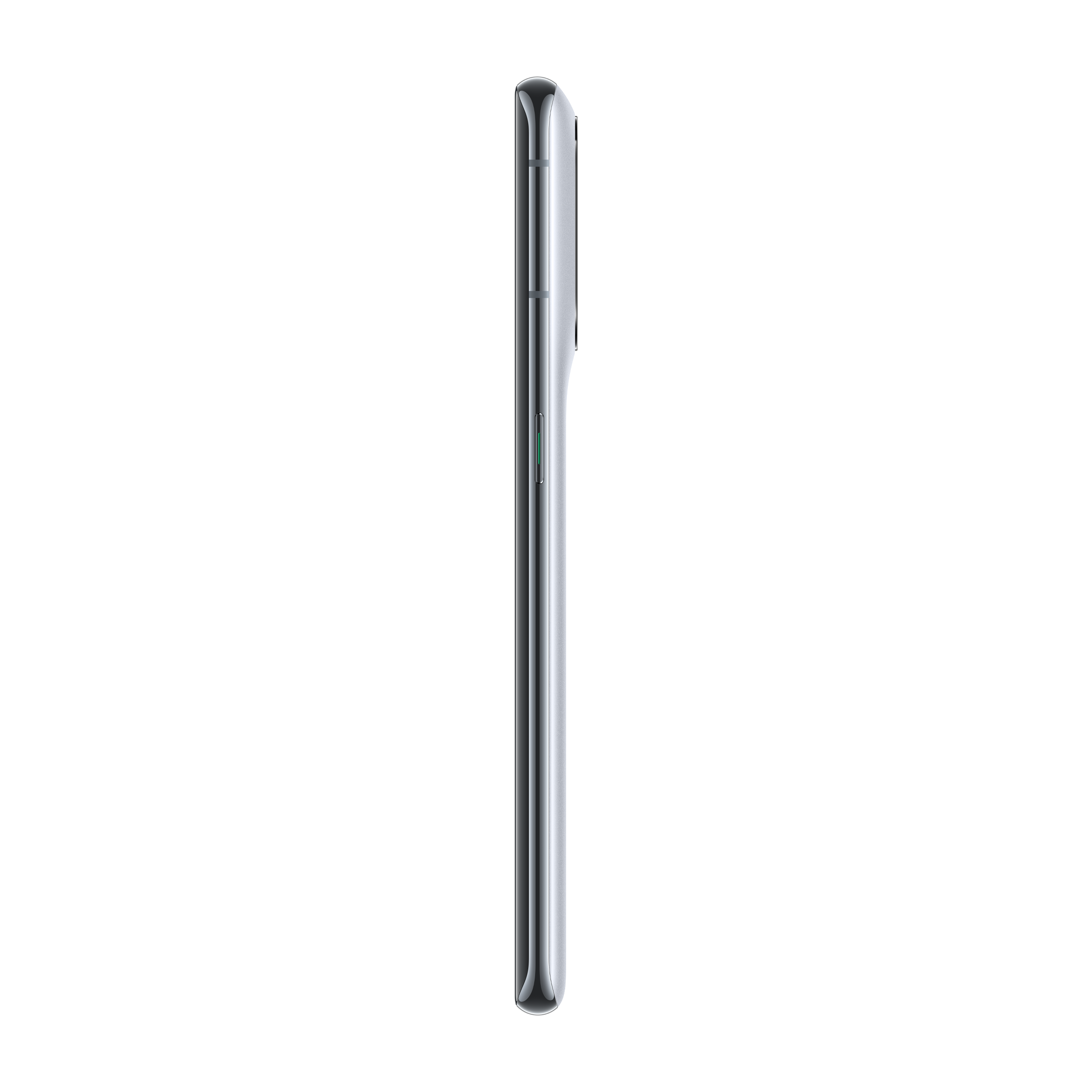 Zijaanzicht van een zilverkleurige smartphone op zwarte achtergrond.