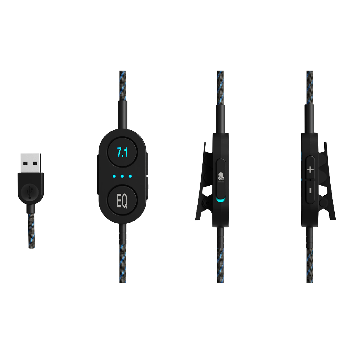 Cztery czarne elementy sterujące z niebieskimi światłami i białym tłem. USB, EQ, mikrofon i przyciski głośności.