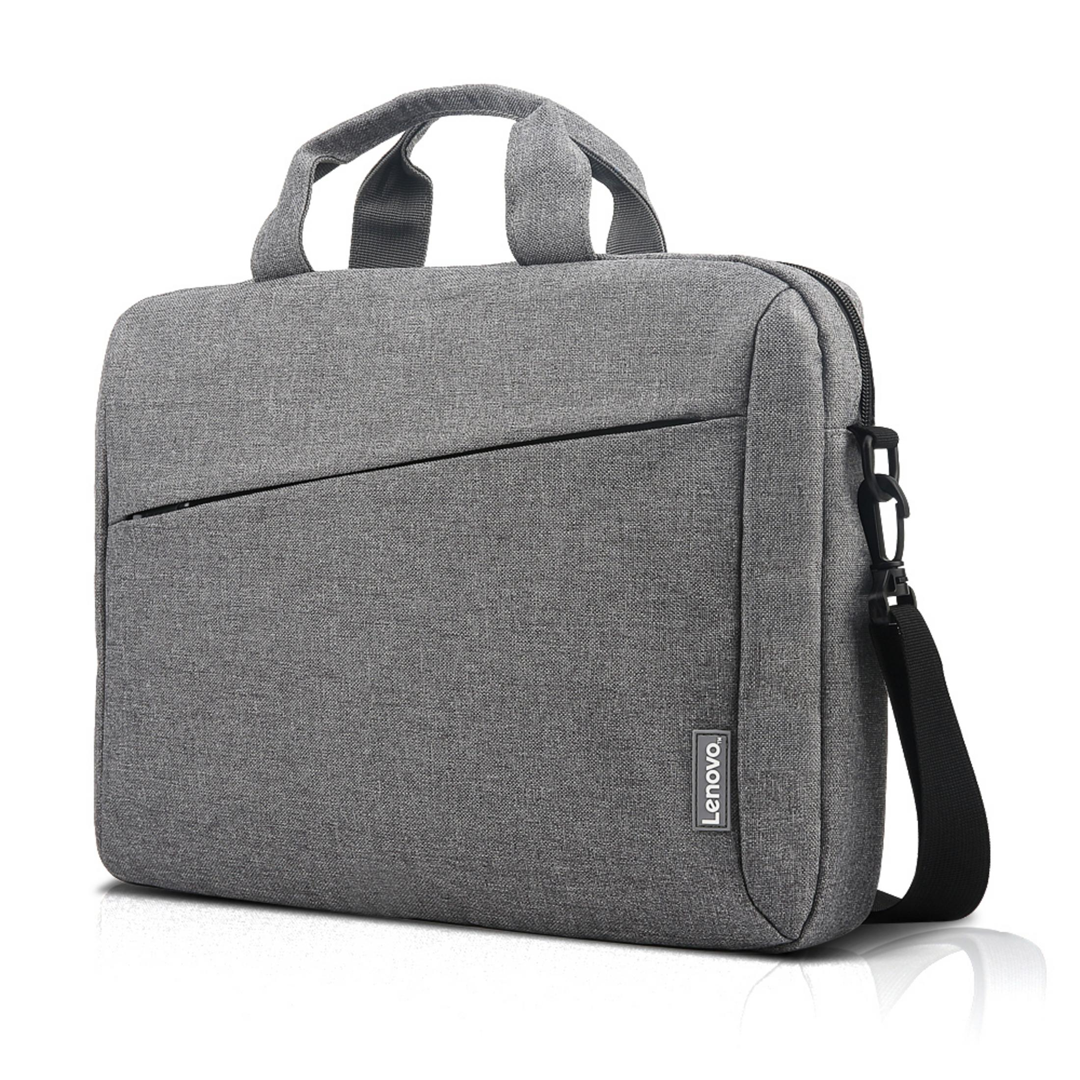 Graue Laptoptasche mit Griff und Schultergurt. Die Tasche hat eine Vordertasche und das Lenovo-Logo.