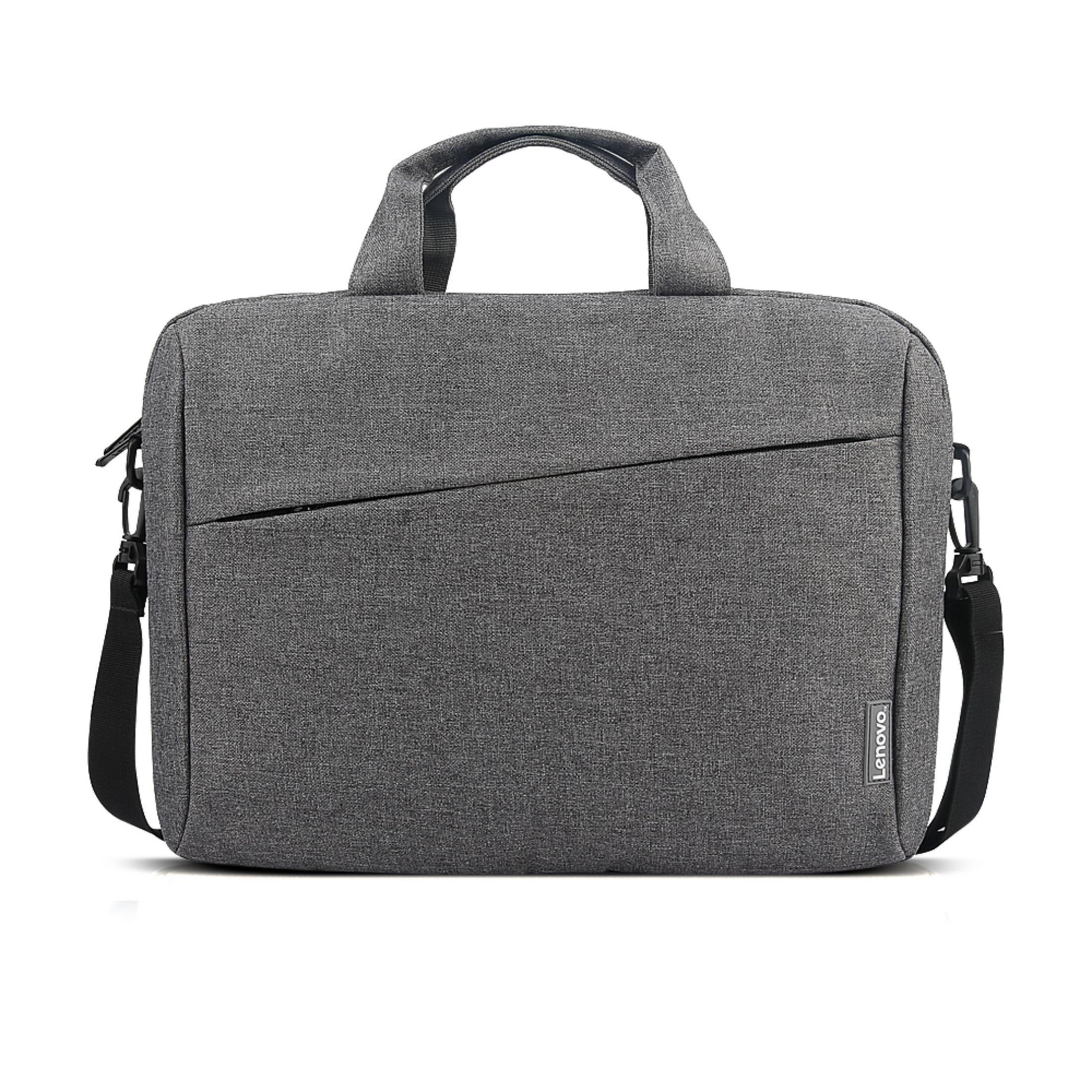 Graue Laptoptasche mit Griff, Schultergurt und Lenovo-Logo, auf Weiß.