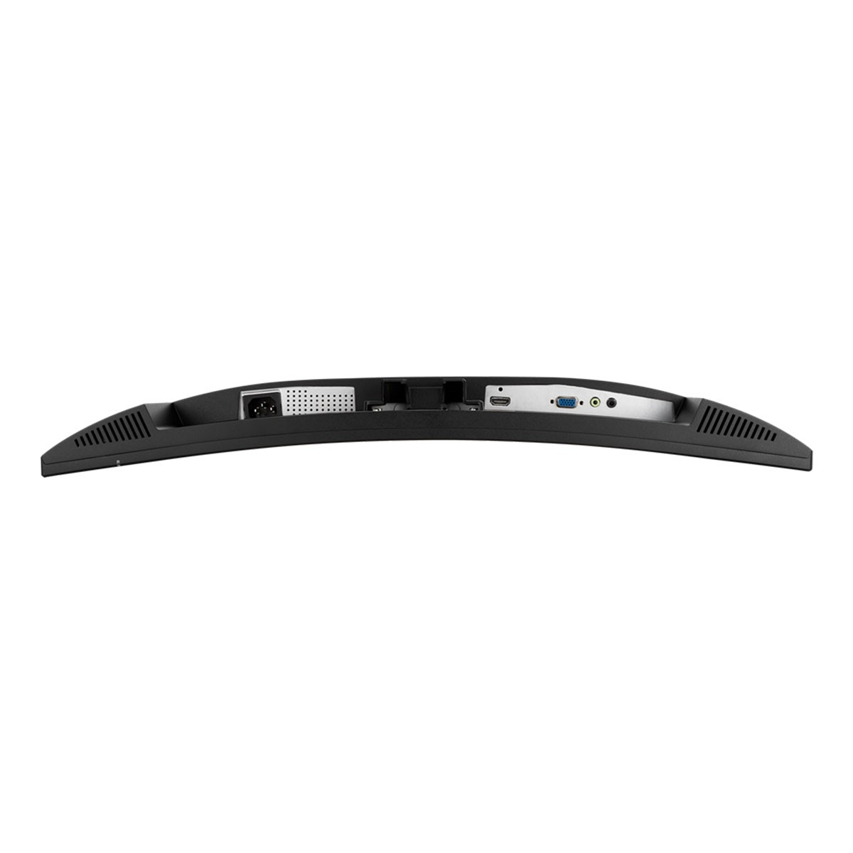 La parte posteriore di un monitor per computer nero con porte e connessioni su sfondo bianco.