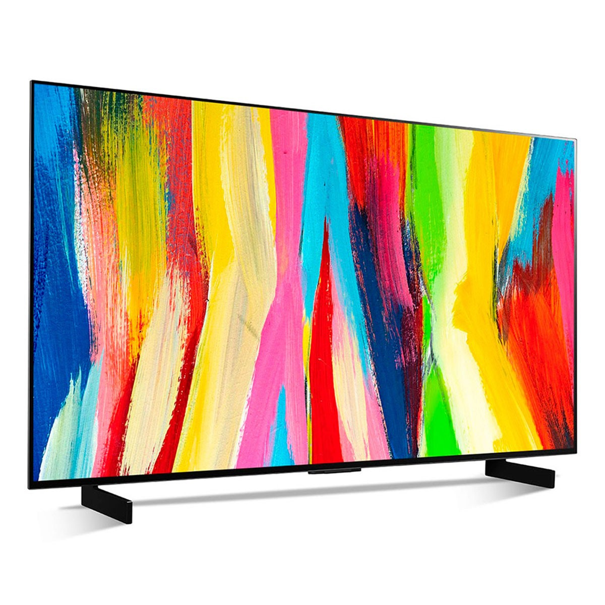 Nowoczesny, cienki, czarny telewizor z kolorowym abstrakcyjnym obrazem. Stoi na czarnych podstawkach.