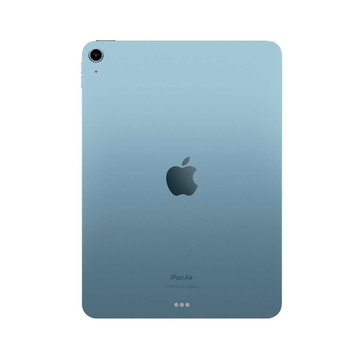 Blauwe tabletachterkant, Apple-logo gecentreerd. Achtercamera linksboven.