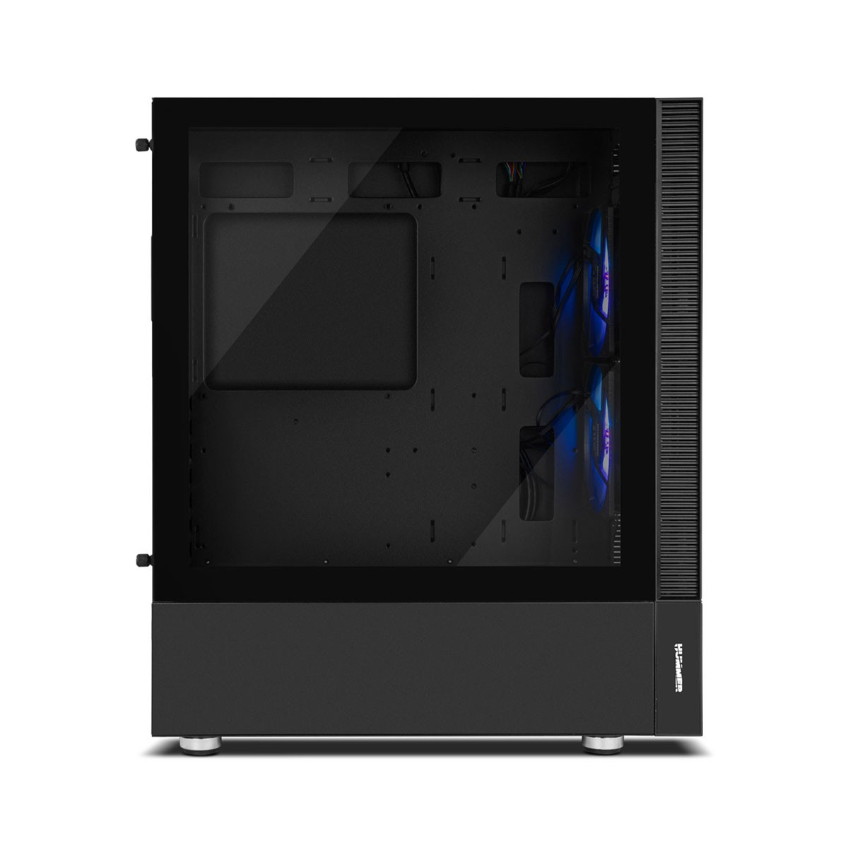 Czarna obudowa komputera z bocznym panelem ze szkła. Wnętrze jest widoczne.