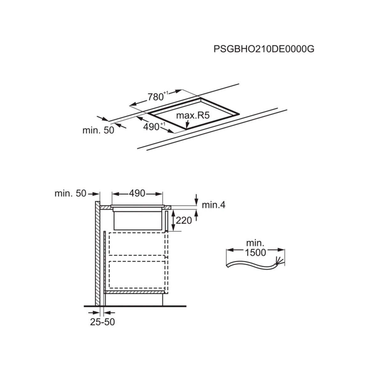 Diagramma di un piano cottura con dimensioni e istruzioni di installazione.