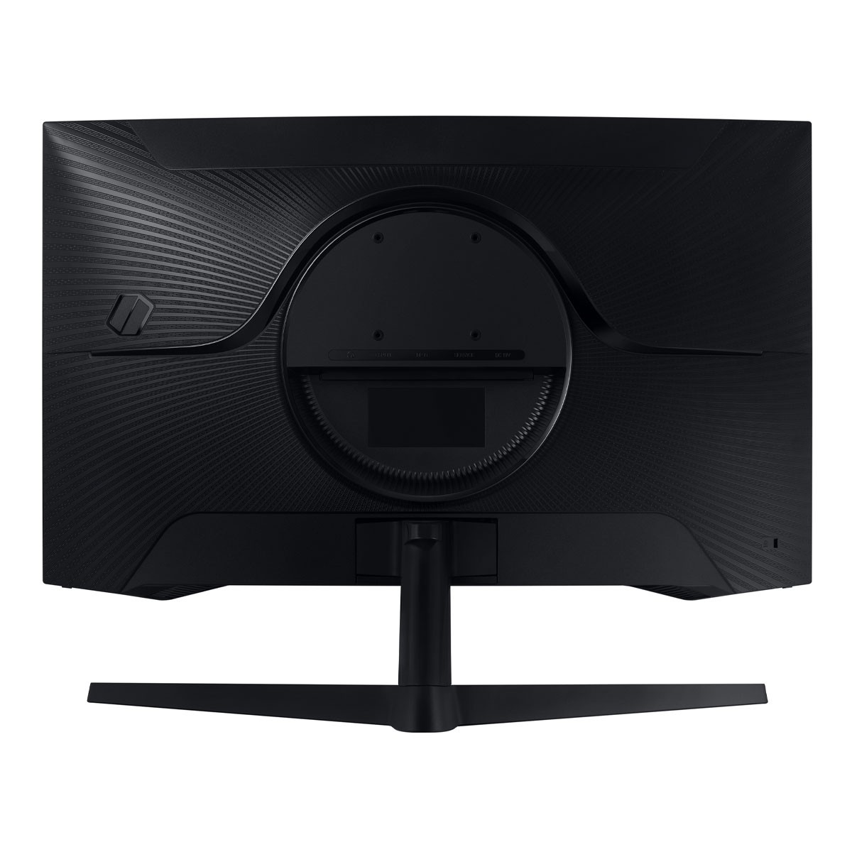 Retro di un monitor da gioco nero con design curvo e supporto.