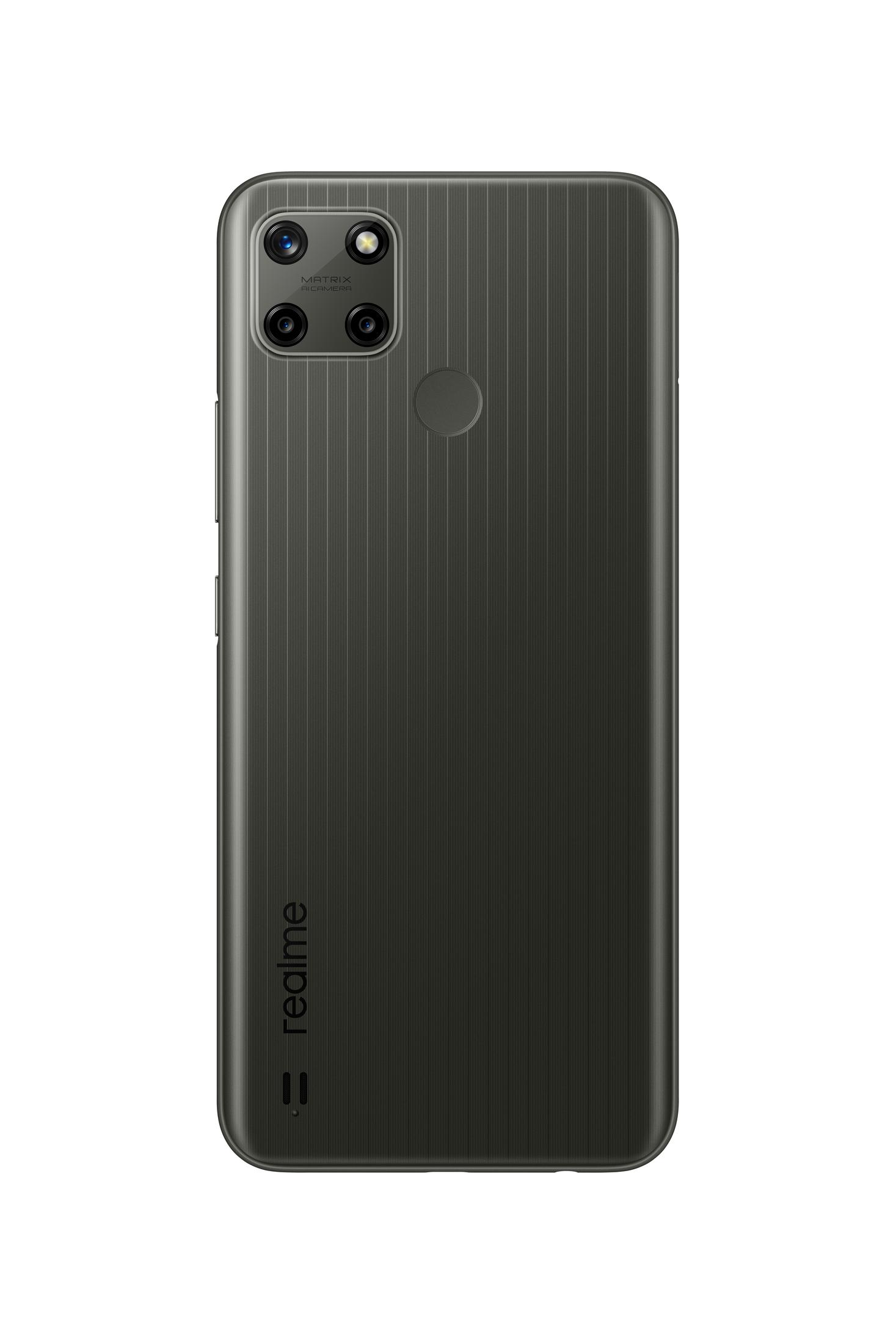 Parte trasera de teléfono Realme negro. Tiene una matriz de cámara y el logotipo Realme.