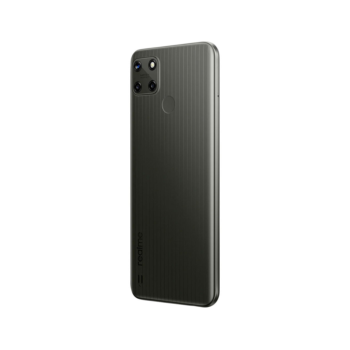 Smartphone negro, vista trasera, que muestra el módulo de la cámara, el logotipo de Realme y una superficie texturizada.