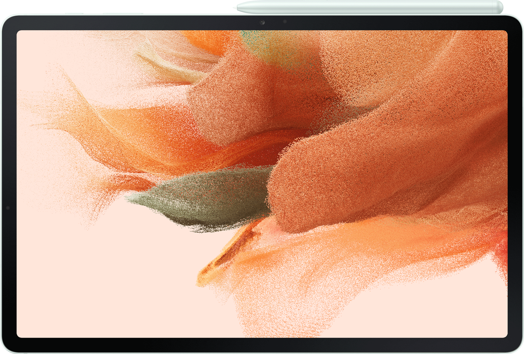 Tablet mit großem Bildschirm, der orange und weiße abstrakte Farben und einen Stift zeigt.