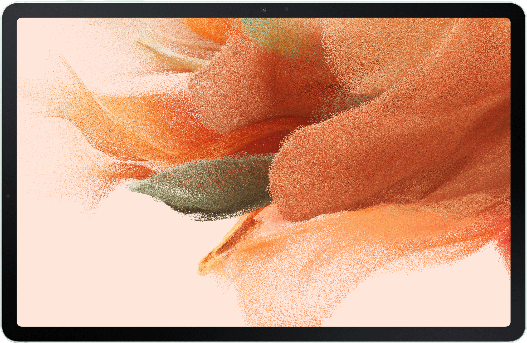 Ein Tablet mit einem Bildschirm, der ein farbenfrohes abstraktes Bild anzeigt, und einem weißen Rand.