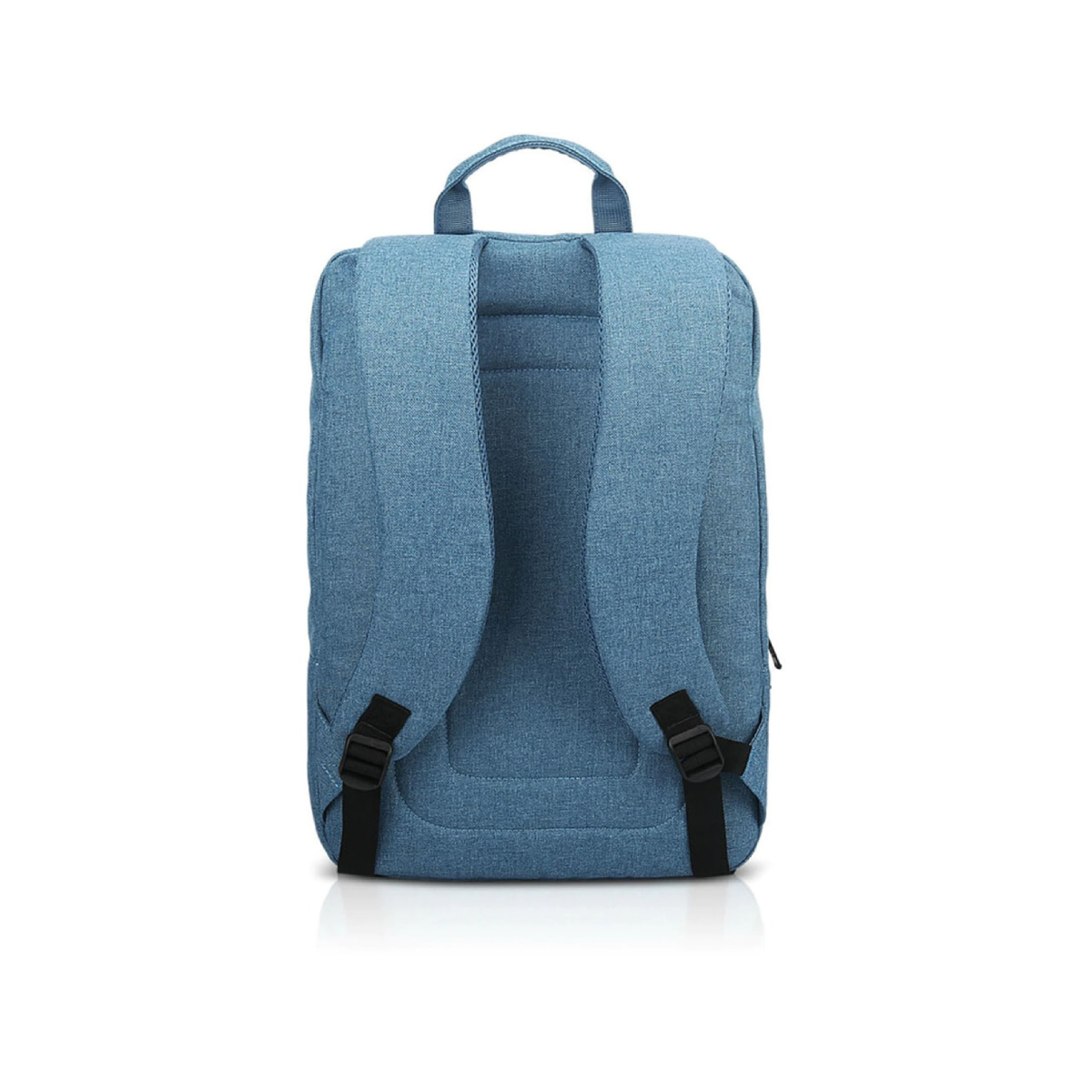 Blauer Rucksack mit denimartiger Textur, mit zwei schwarzen Schultergurten.