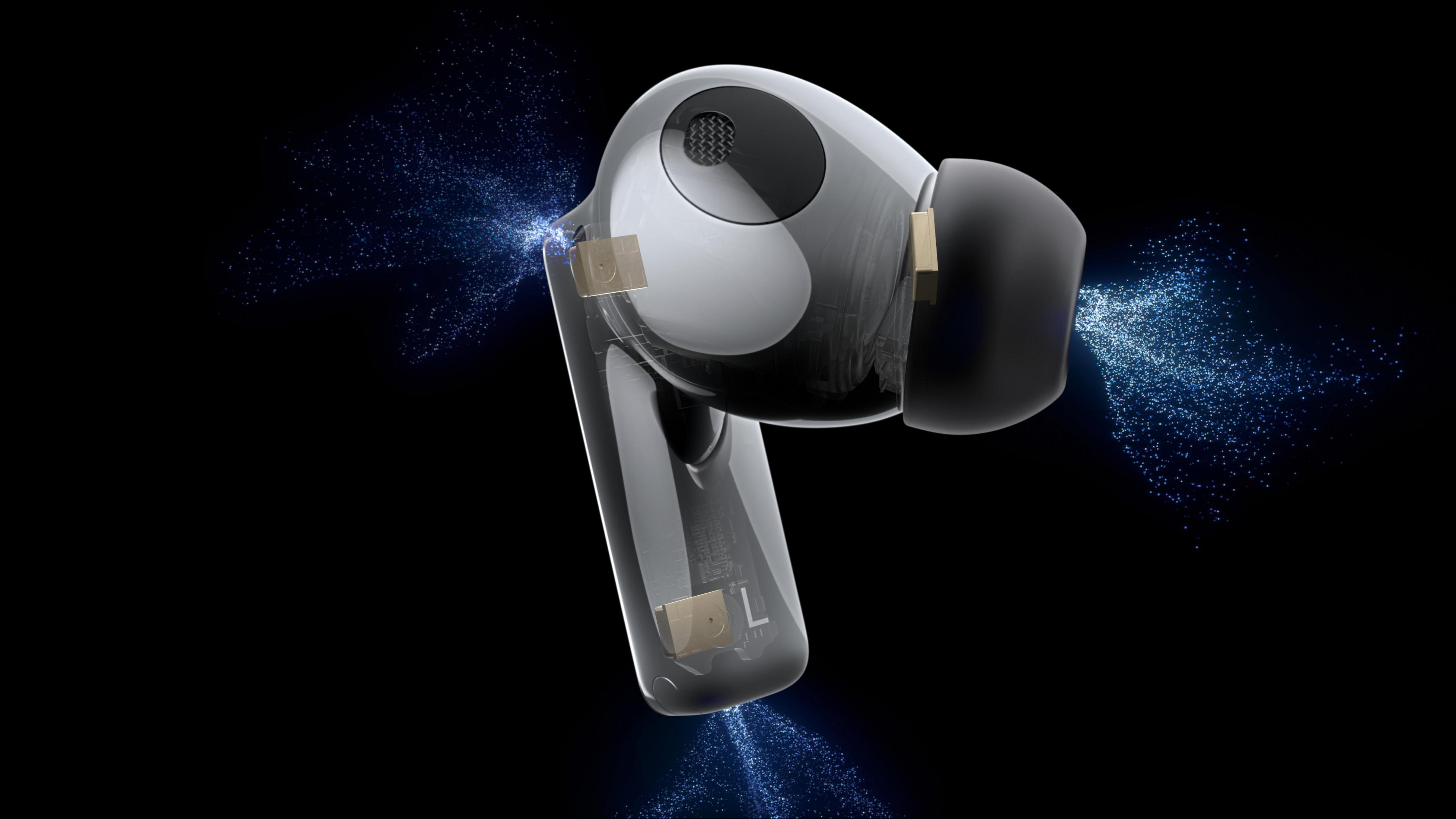 Zbliżenie słuchawek AirPods Pro z przezroczystym przekrojem i niebieskimi cząsteczkami.