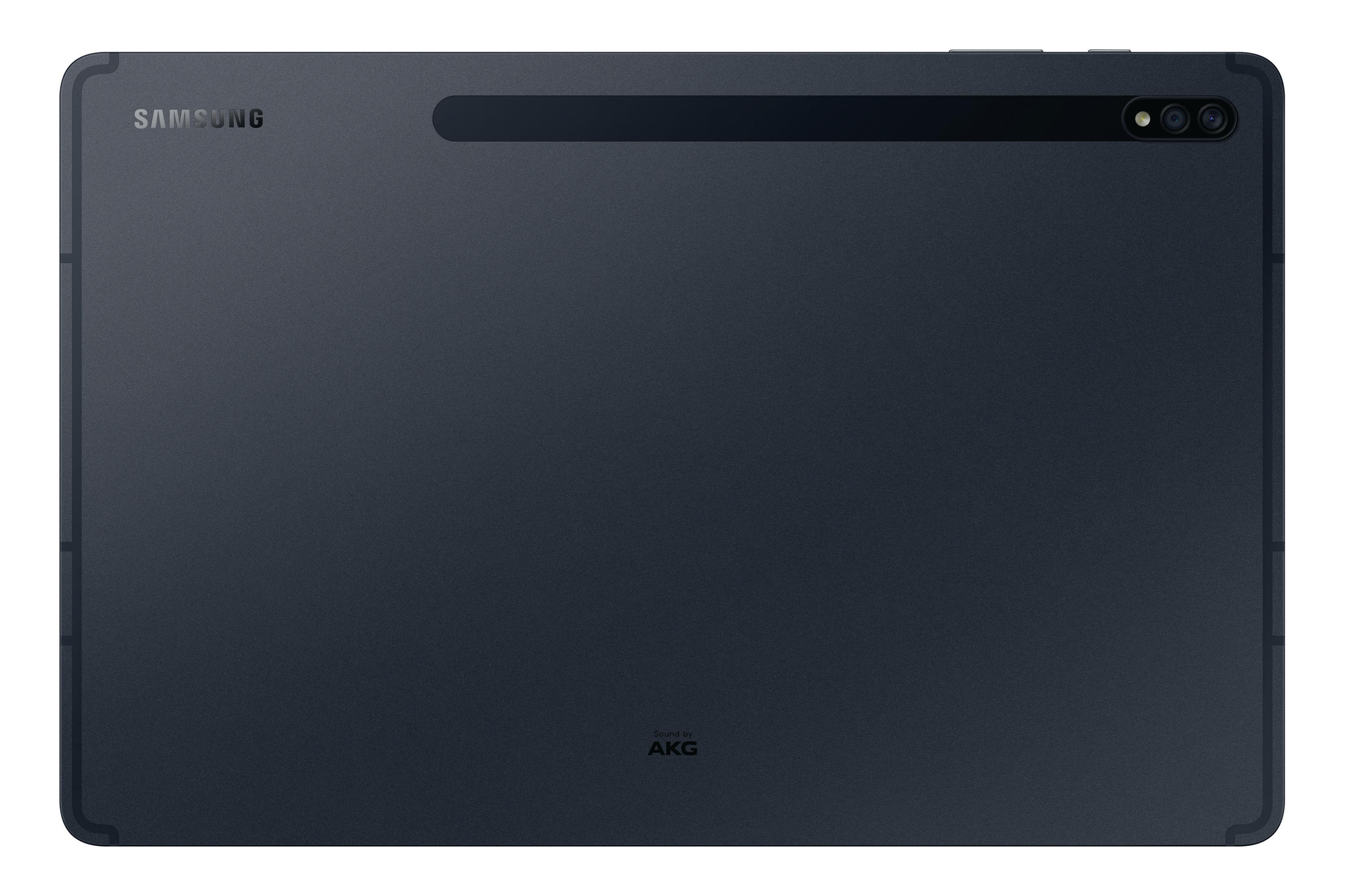 Die Rückseite eines dunkelblauen Samsung-Tablets mit Kamera und AKG-Logo.