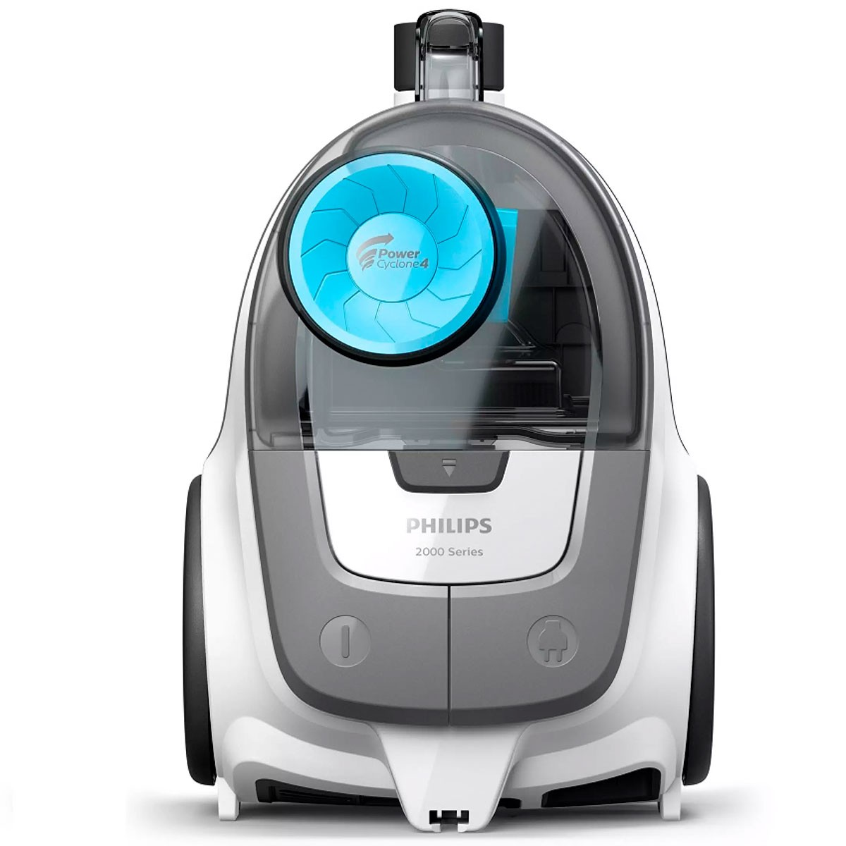 Biało-szary odkurzacz Philips z niebieskim wentylatorem na białej powierzchni.