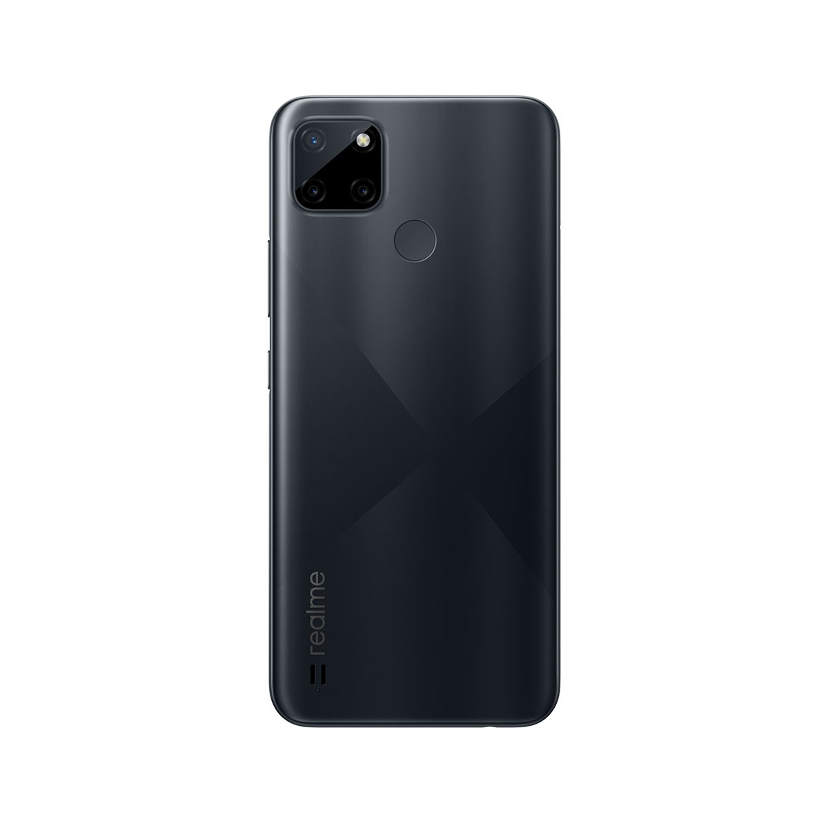 Tył czarnego telefonu Realme, pokazujący aparat i okrąg z logo Realme.