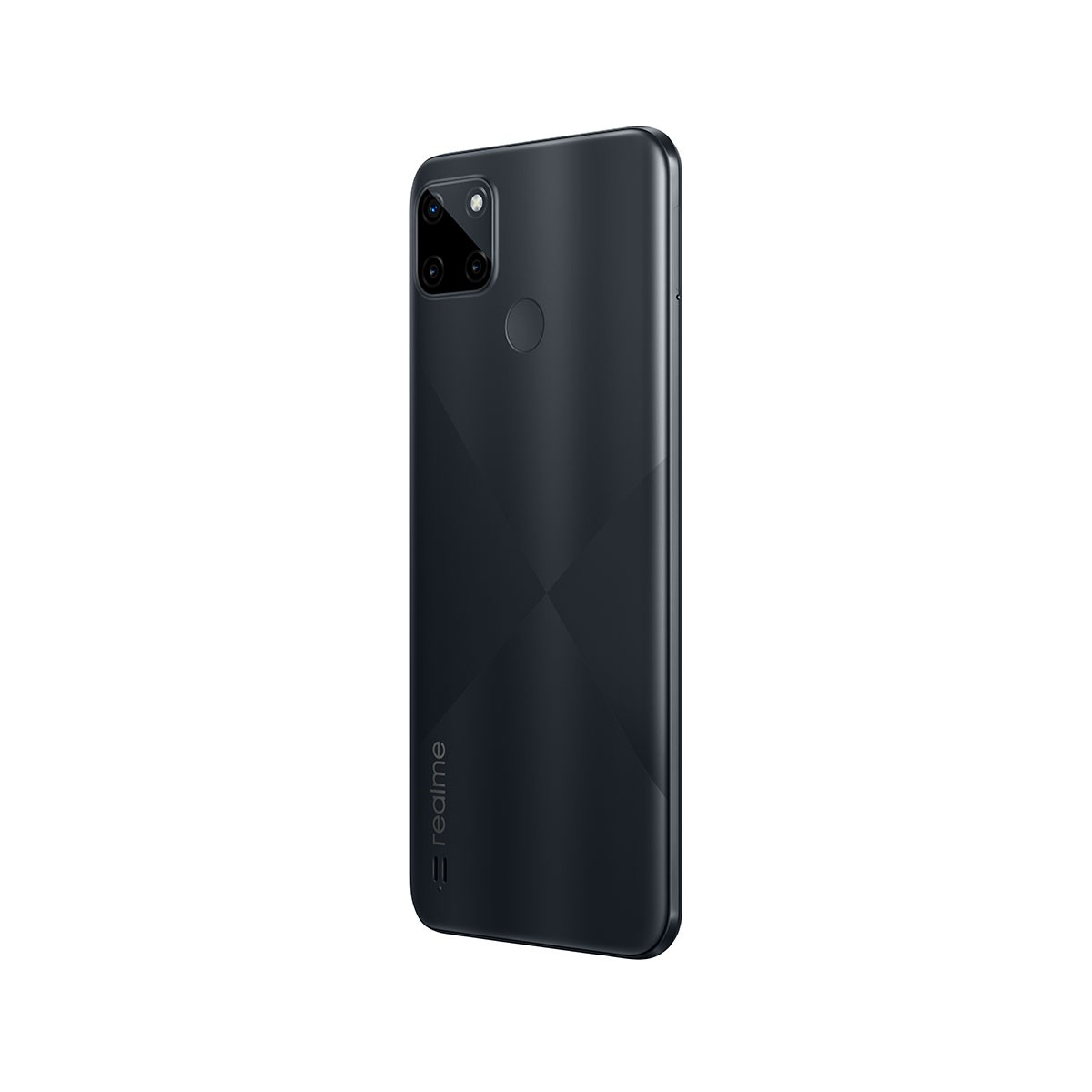 Tył czarnego telefonu z aparatami i logo realme.