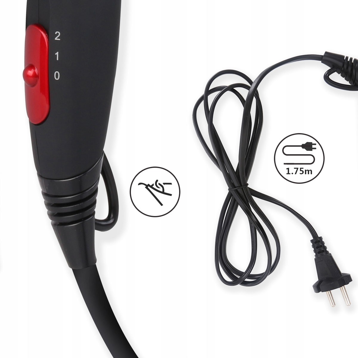 Schwarzer Haartrockner mit rotem Schalter. Ein schwarzes Netzkabel mit Stecker ist verbunden.