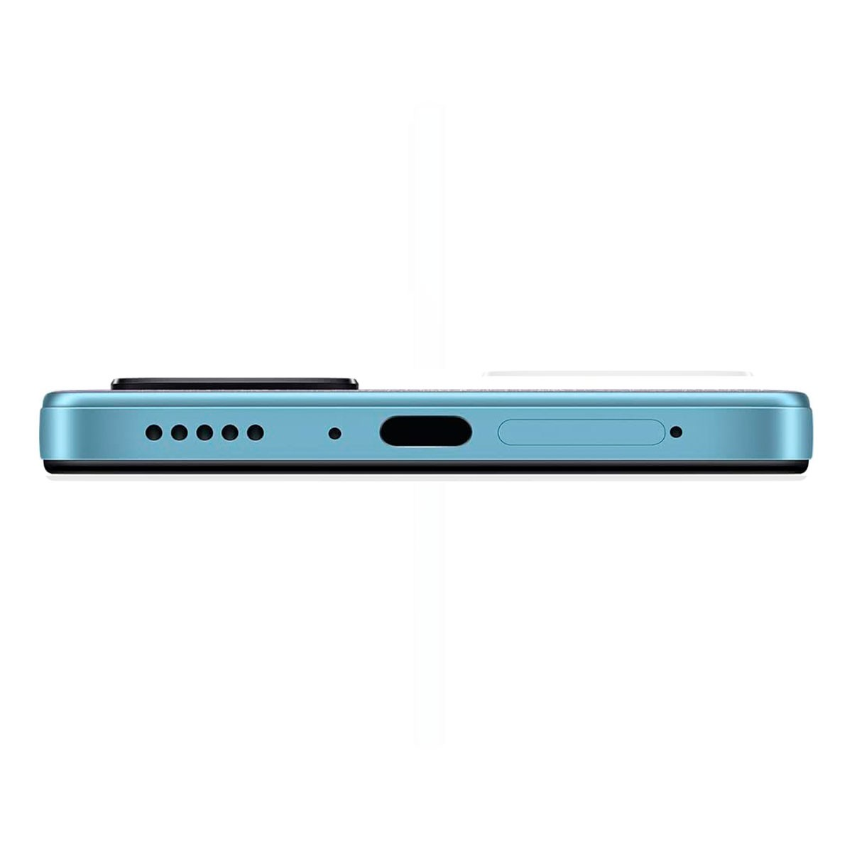 The bottom of a light blue smartphone, showing ports and speaker holes.