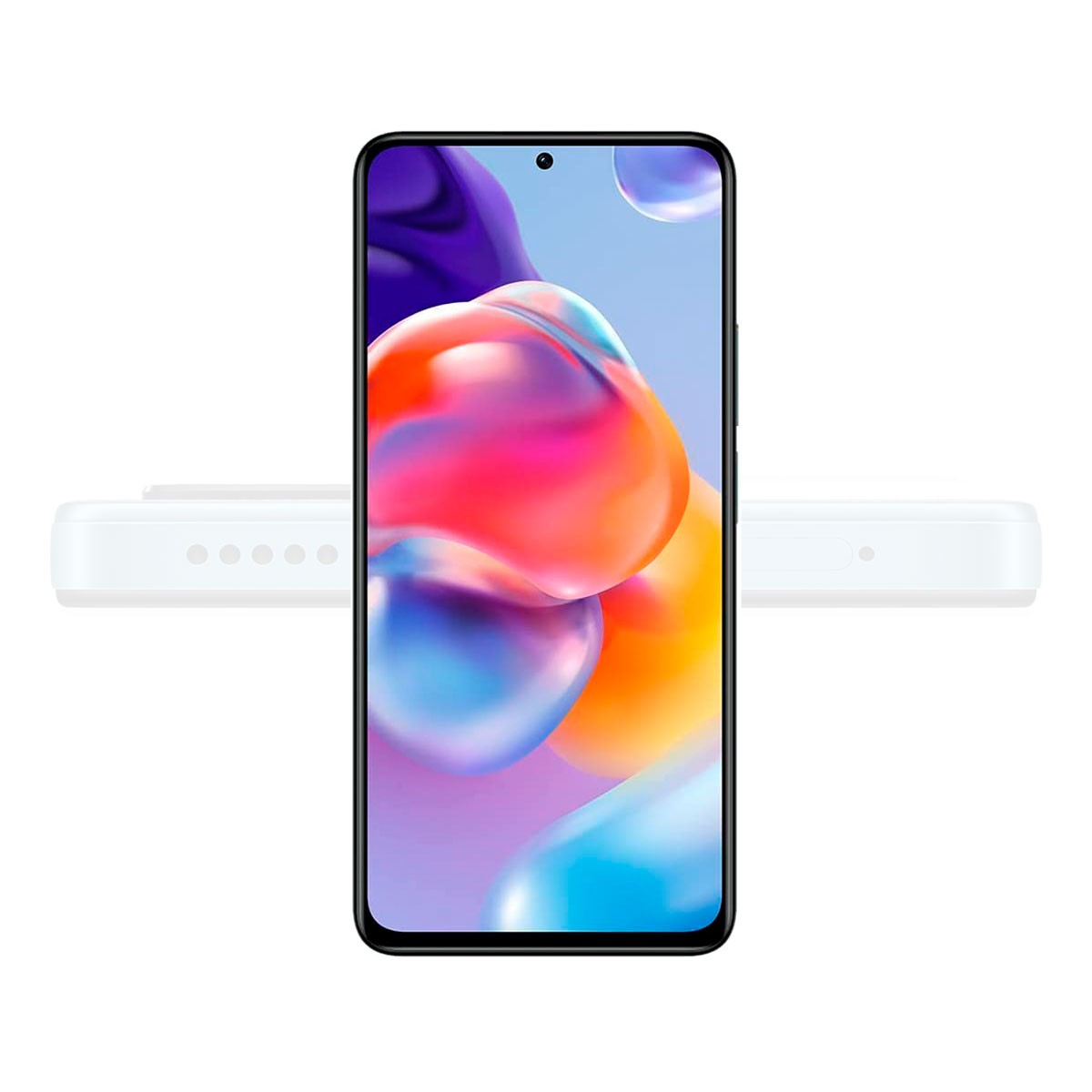 Redmi phone, front view, screen on with colorful background. White background.