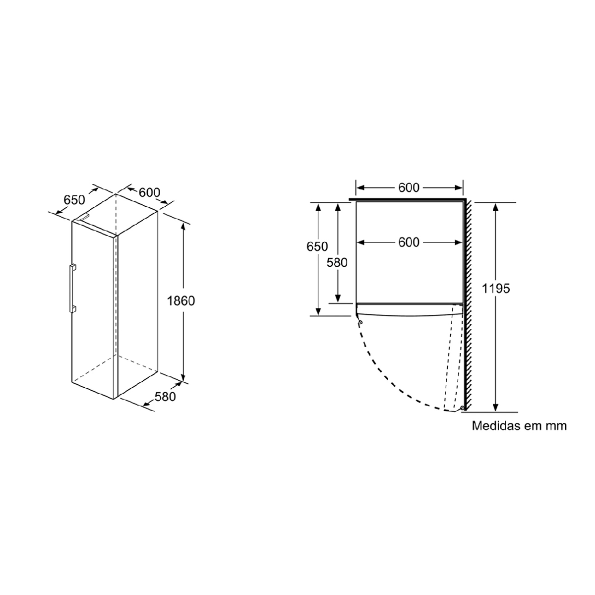 Dibujo técnico de un refrigerador. Muestra dimensiones en mm. Vista lateral y vista superior.