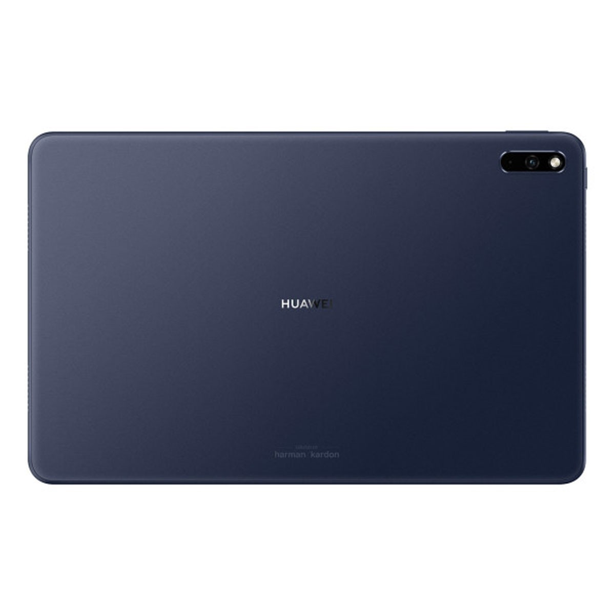 Rückseite des marineblauen Tablets mit Kamera. Huawei-Logo mittig.