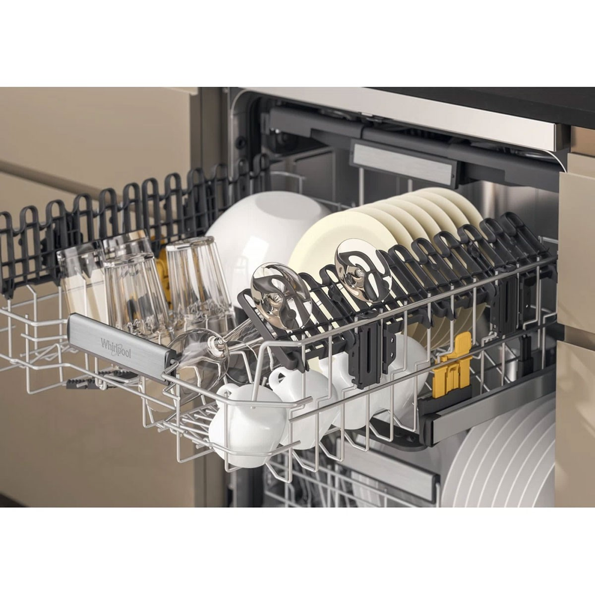 A dishwasher drawer open, showcasing clean dishes, glasses, and silverware.