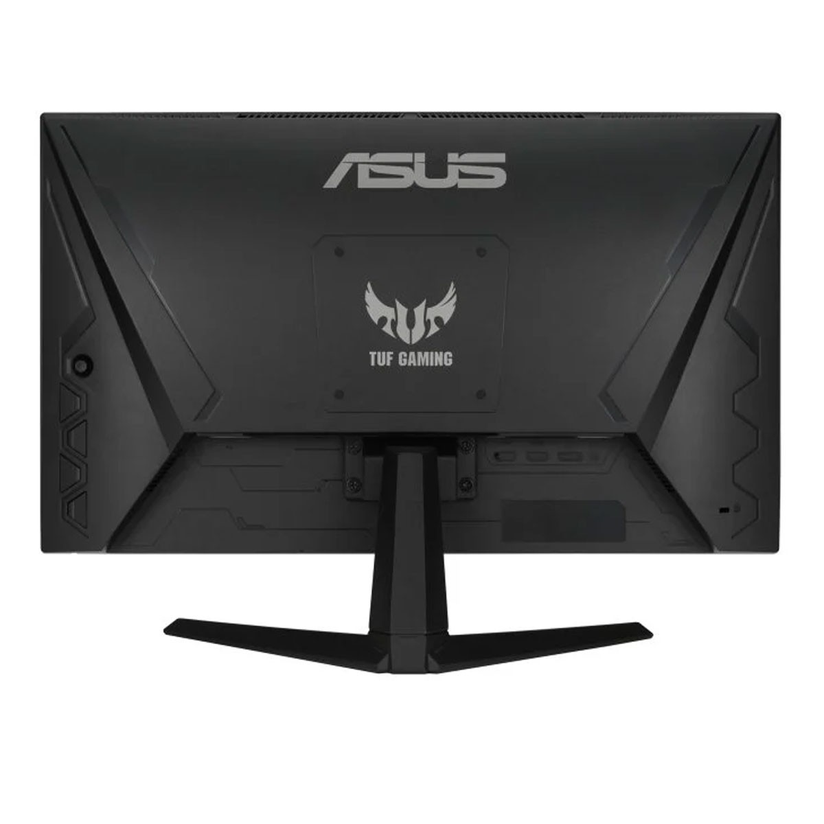 Rückseite eines ASUS TUF Gaming Monitors. Der Monitor ist schwarz mit einem Ständer.