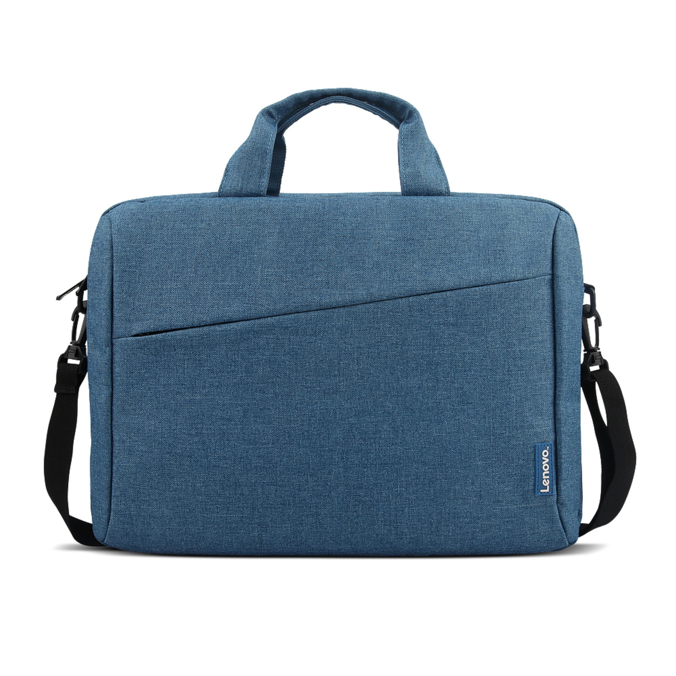 Blaue Laptoptasche mit Griff und Schulterriemen. Sie hat eine Vordertasche und das Lenovo-Logo.