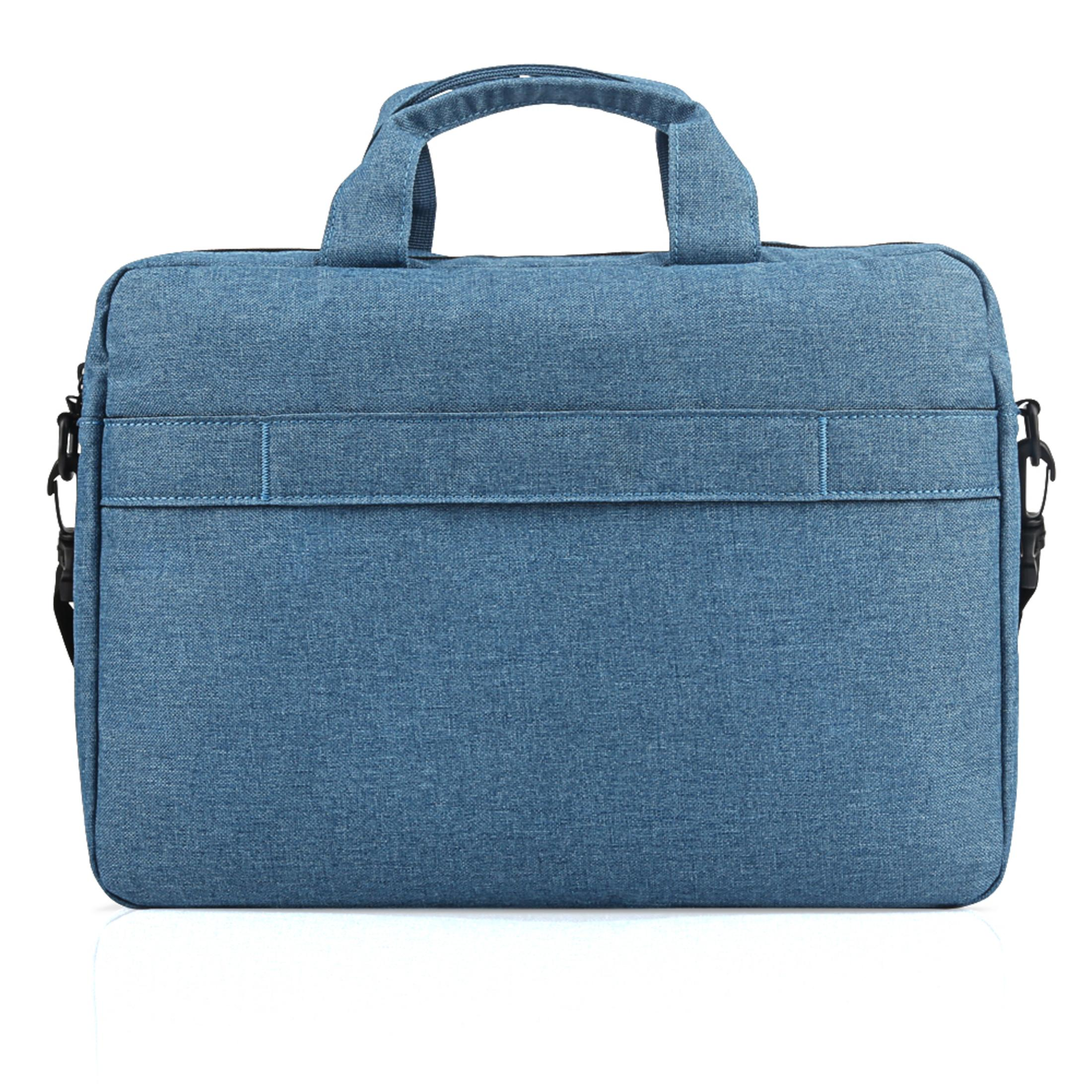 Blaue Laptoptasche, Griff oben, Schulterriemen, Vorderseite mit Design, weißer Hintergrund.