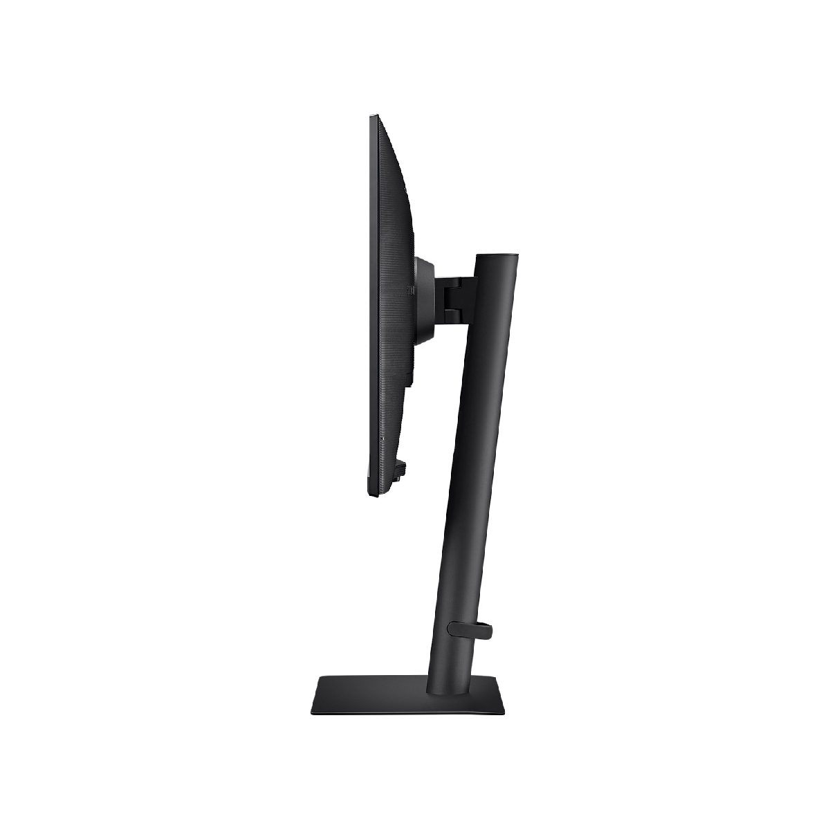 Monitor de computadora negro desde un lado. El soporte también es negro.