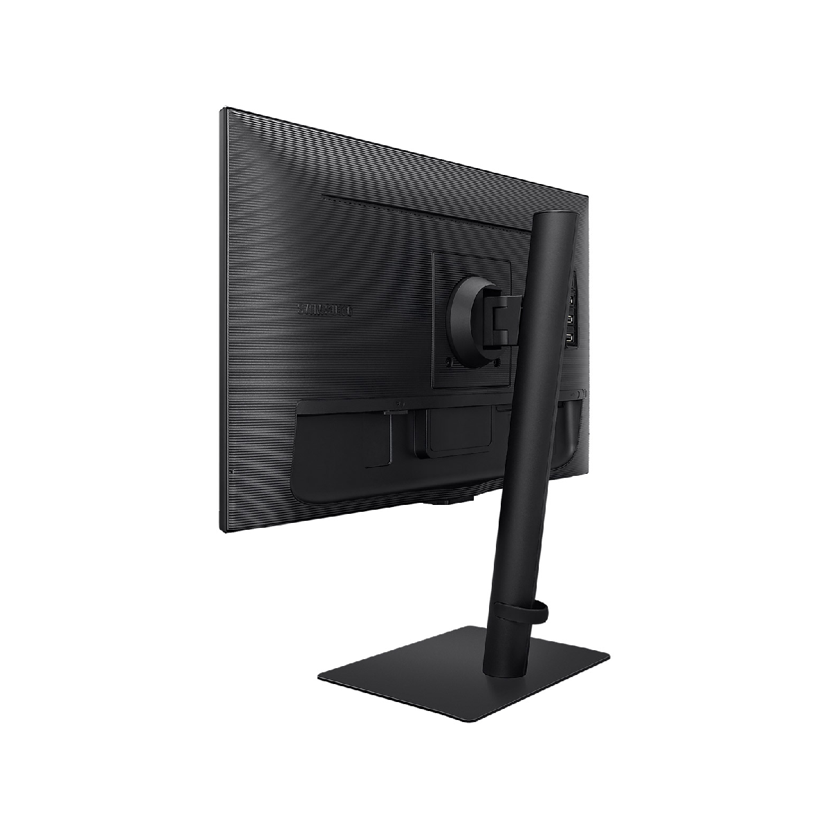 Monitor negro, vista lateral, sobre soporte negro. Logo Samsung en la parte trasera.