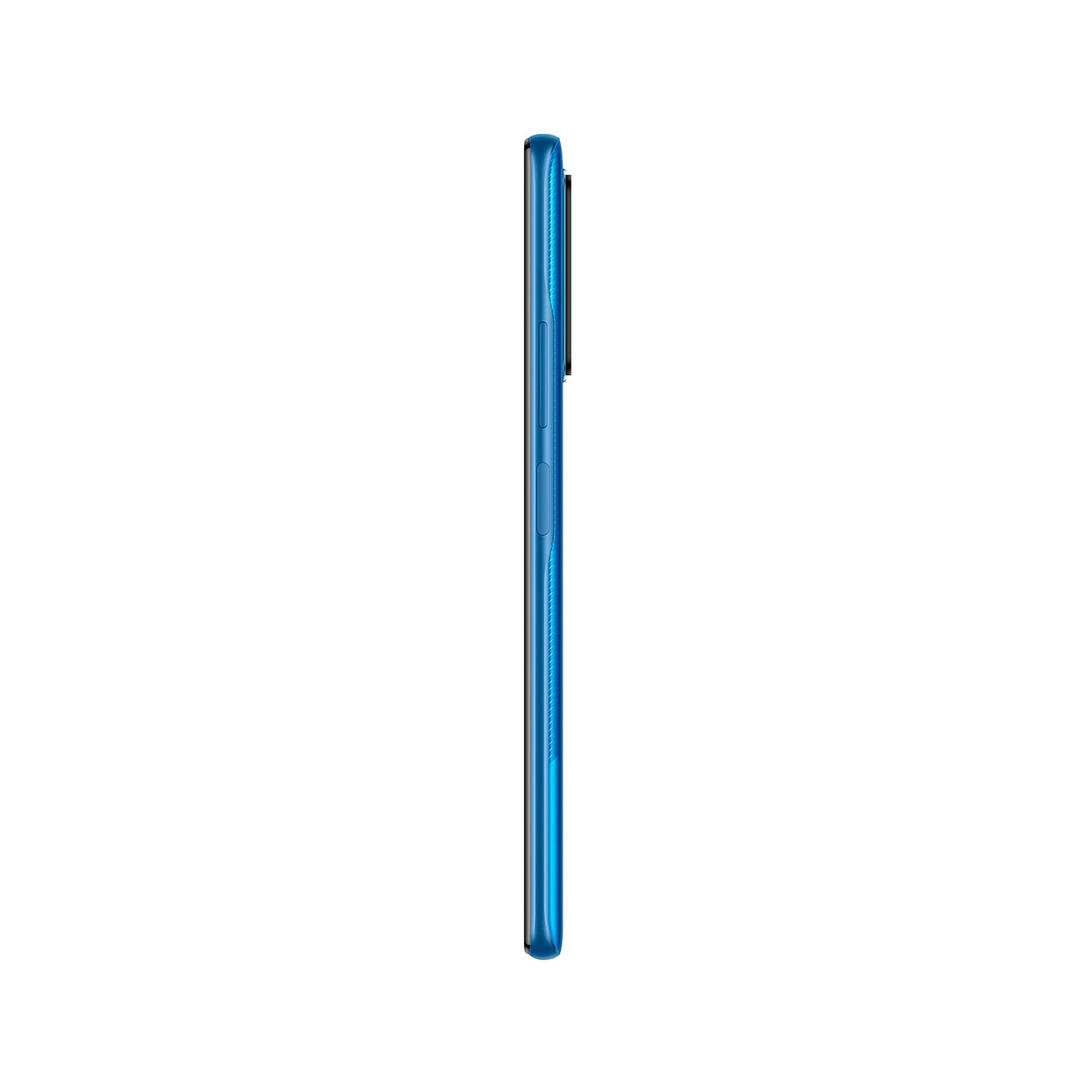 Blue smartphone side view. Camera setup visible. Power and volume buttons on the side.