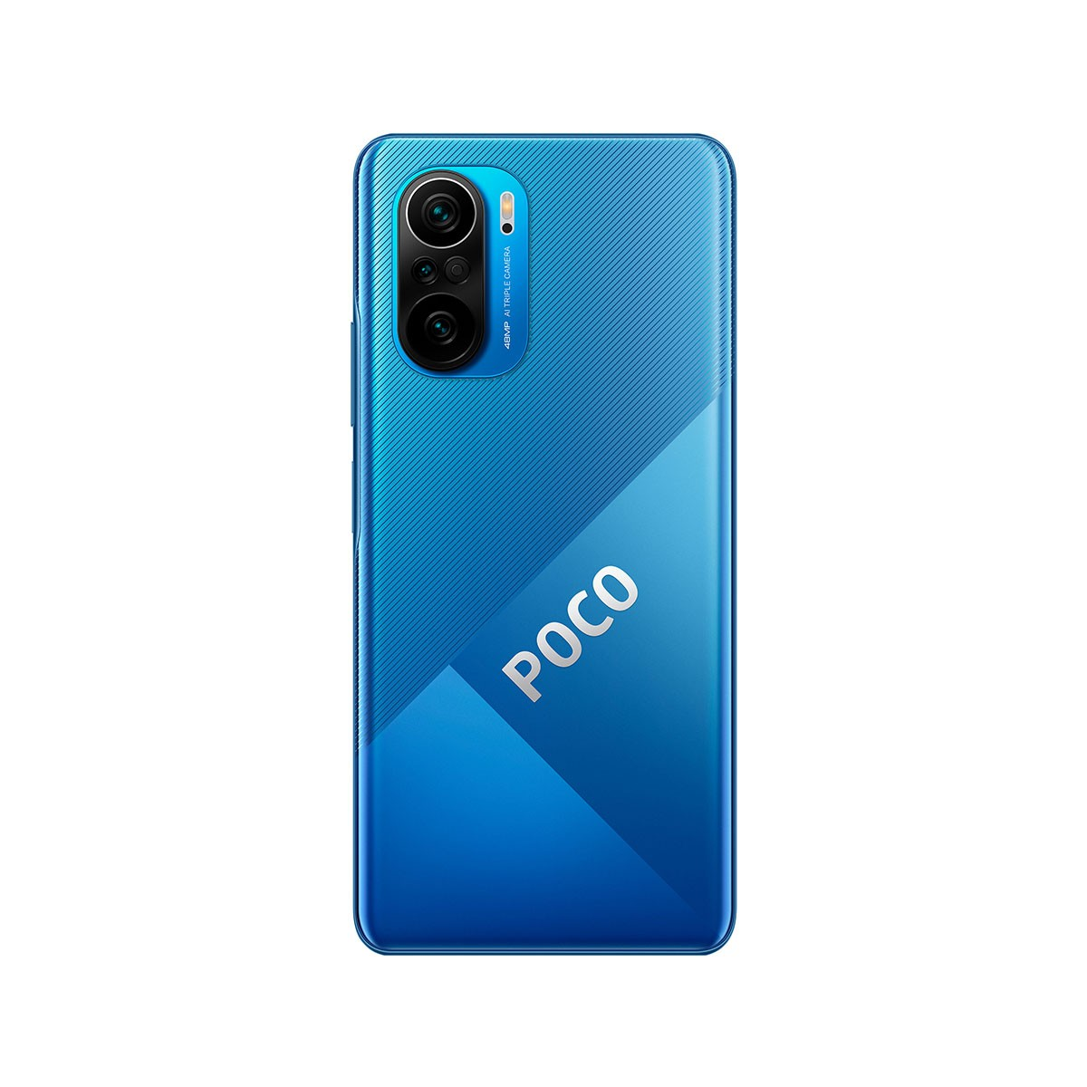Blue Poco phone back with a camera setup and the Poco logo, on a white backdrop.