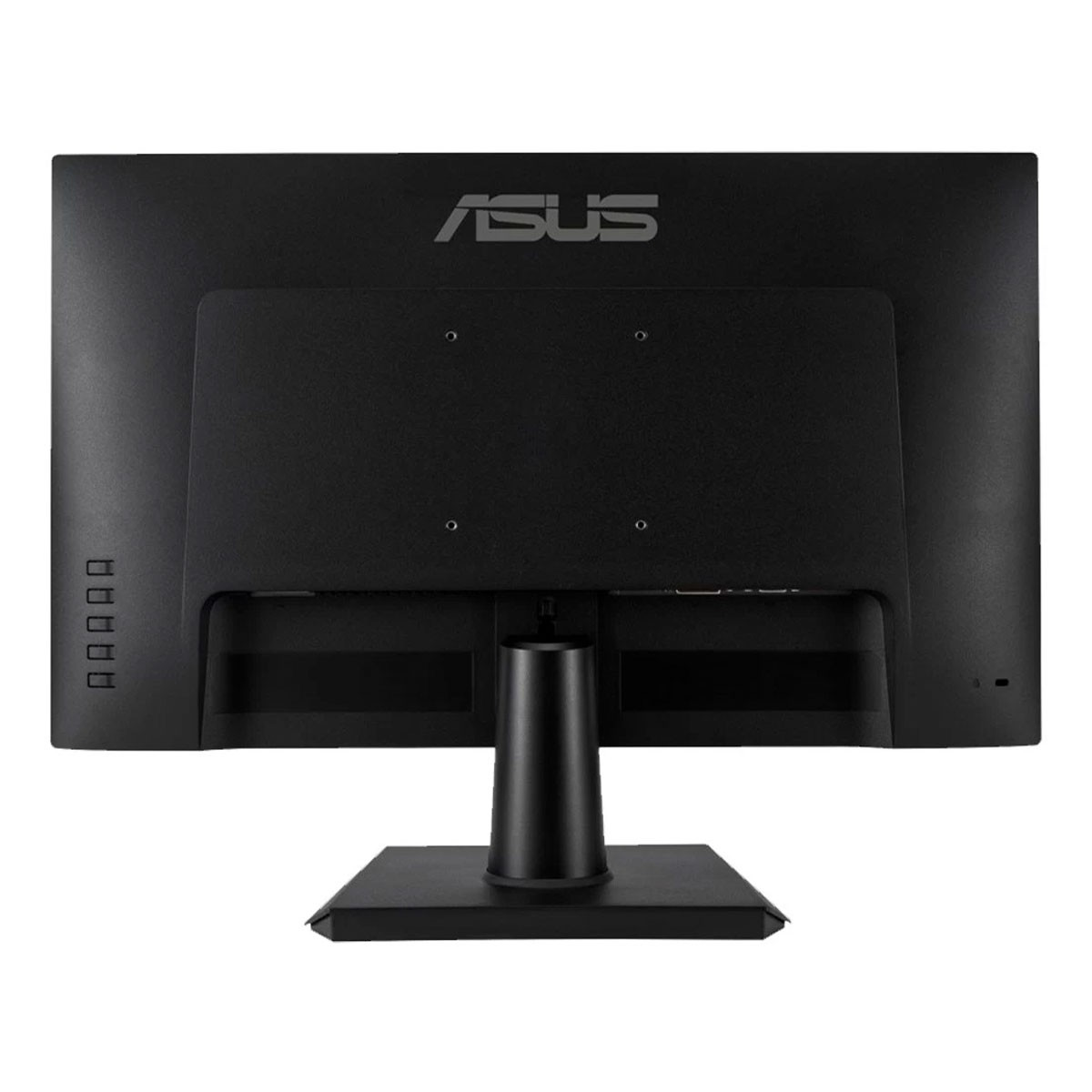 Monitor ASUS nero, vista posteriore. Porte, supporto e logo ASUS.