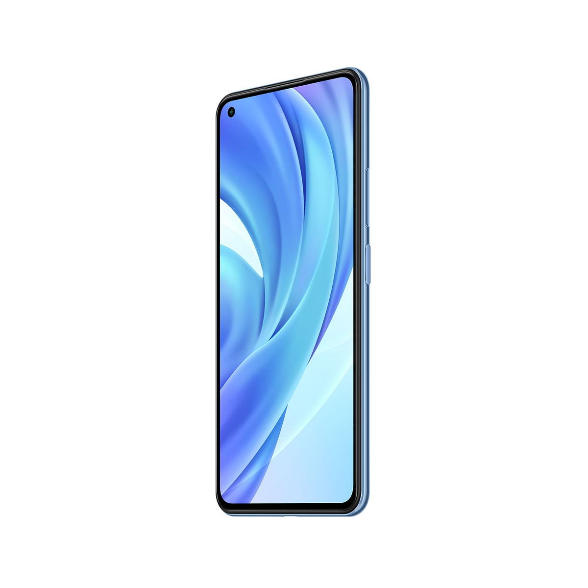 Uno smartphone blu con un motivo a onde sullo schermo. È isolato su sfondo bianco.