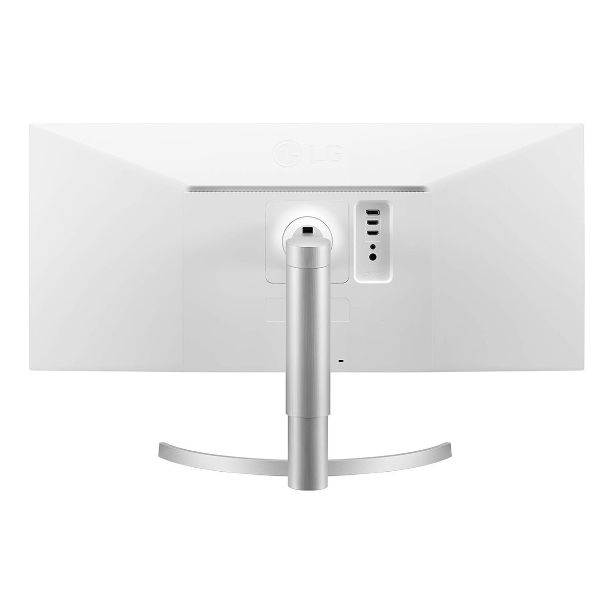 Vista trasera de un monitor de computadora blanco con soporte plateado. Puertos visibles.
