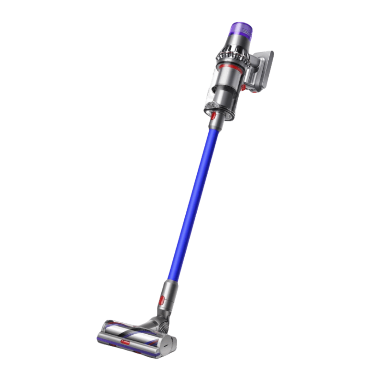 Niebiesko-srebrny odkurzacz bezprzewodowy. Tło jest czarne.