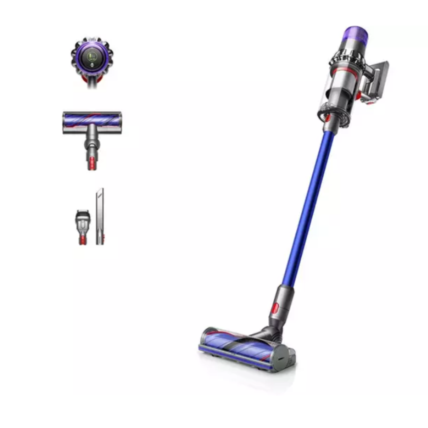 Bezprzewodowy odkurzacz Dyson z przystawkami. Jest niebieski i szary i ma wiele przystawek.