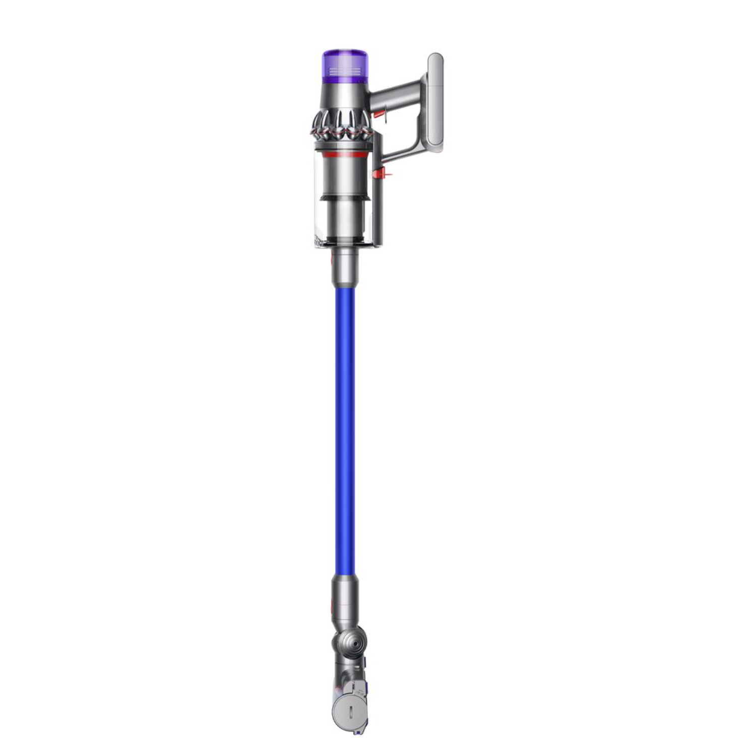 Bezprzewodowy odkurzacz Dyson w kolorze srebrnym, niebieskim i fioletowym. Jest zorientowany pionowo.