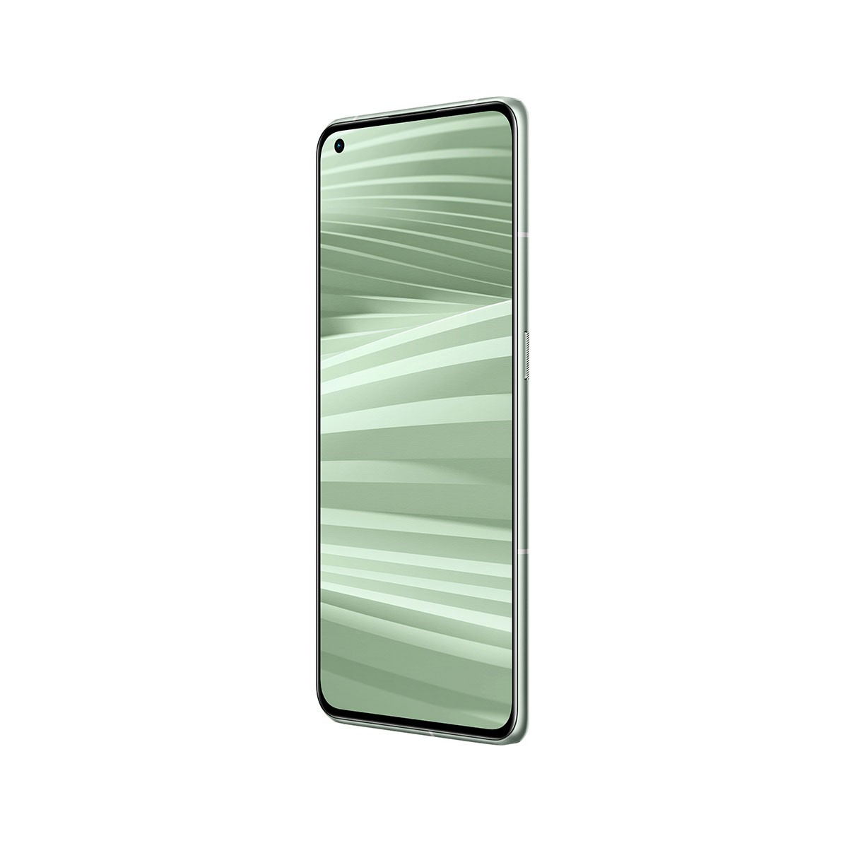 Ein grünes Smartphone, Seitenansicht, mit schlankem Design. Der Bildschirm ist an. Kein Hintergrund.